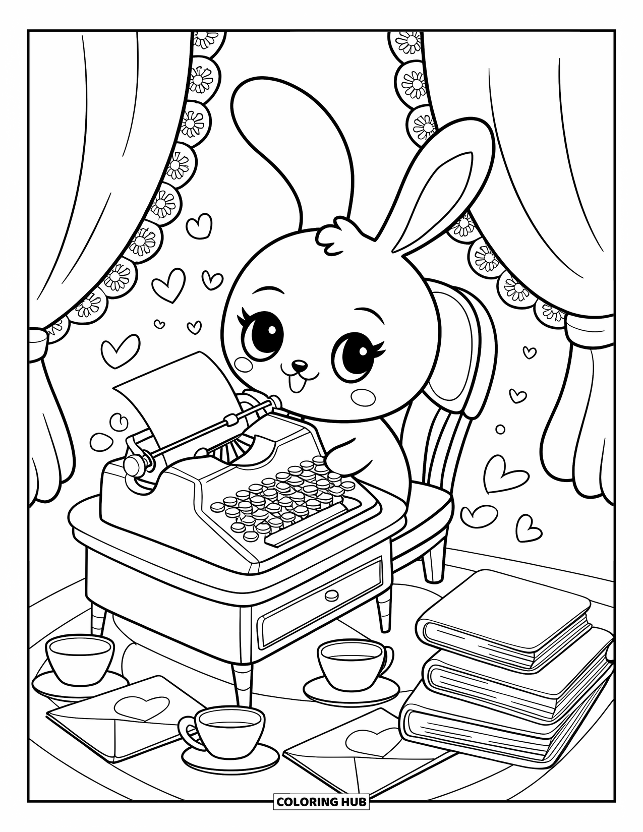 Vintage Coloring Page for Adults: A cute bunny at a desk with a typewriter, hearts, and cozy details