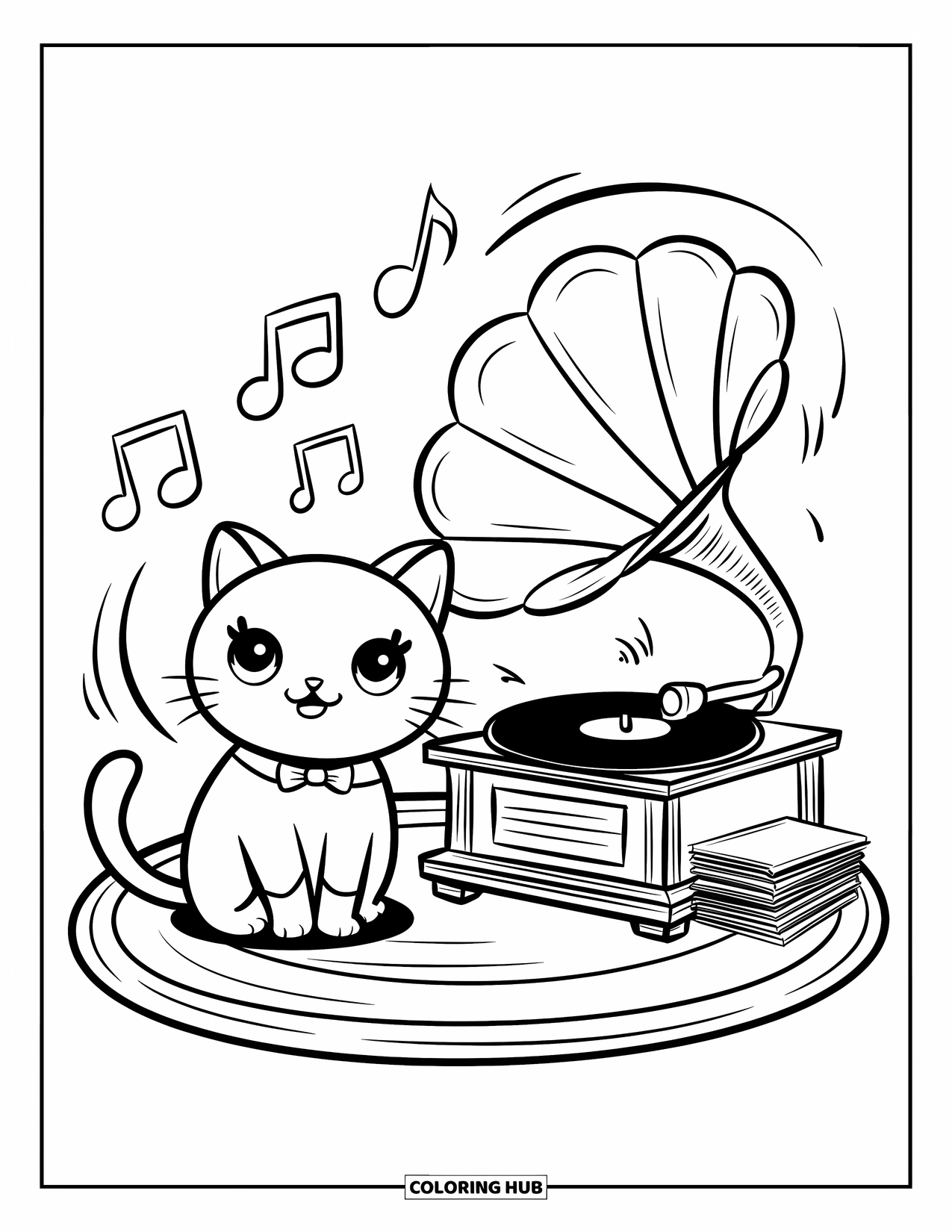 Vintage Coloring Page for Adults: A cute cat with a bow tie sits by a gramophone and soft music notes