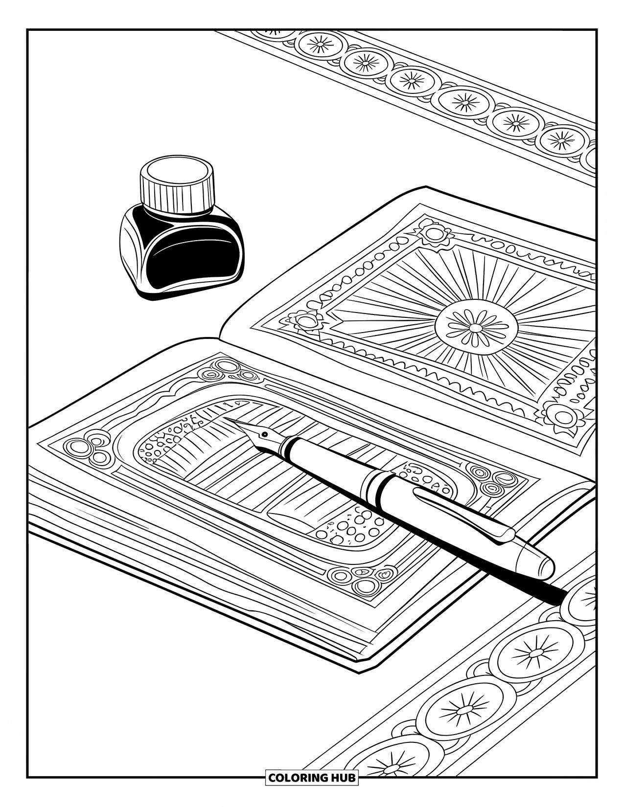 Vintage Coloring Page for Adults: A fountain pen and ink bottle beside an open vintage journal