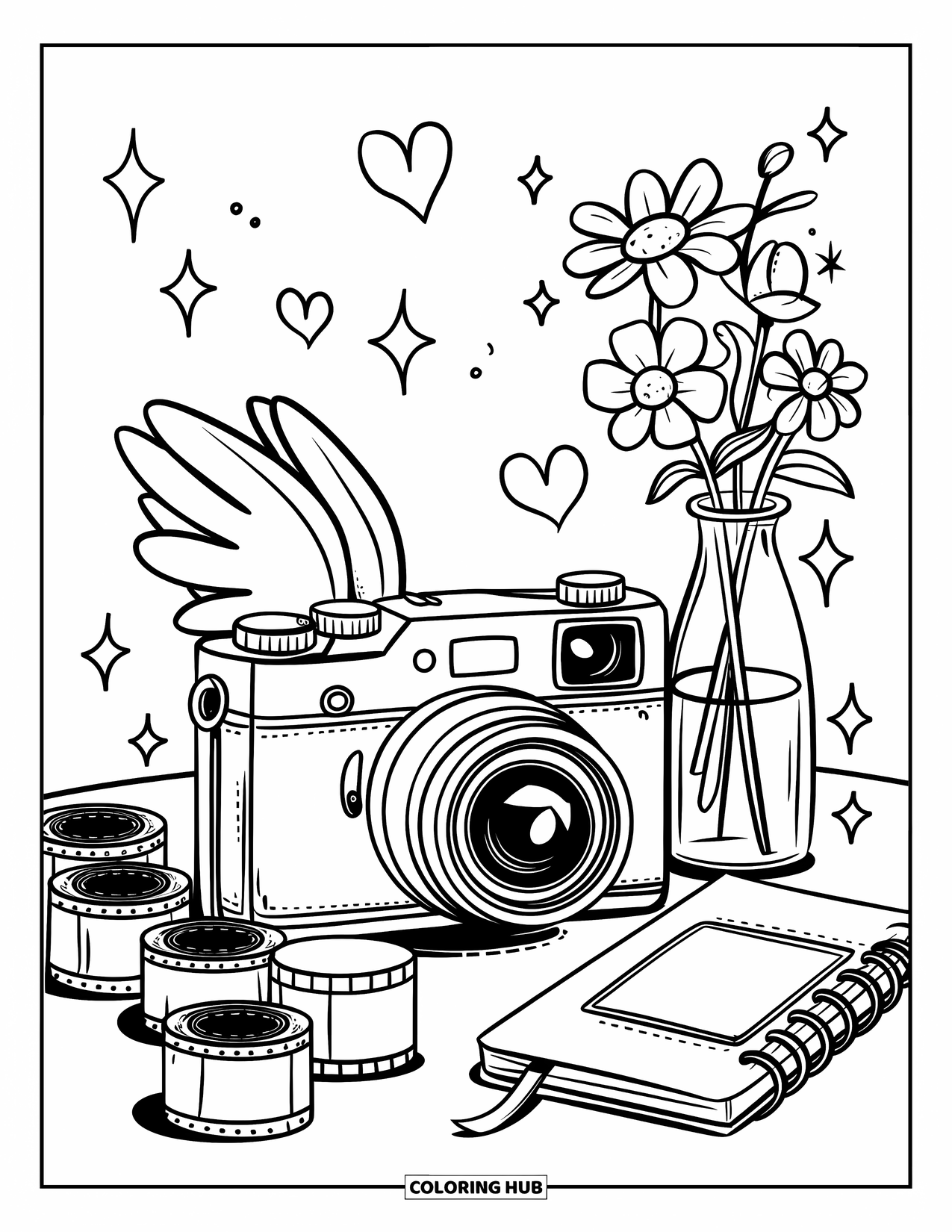 Vintage Coloring Page for Adults: A kawaii camera with wings surrounded by flowers, sparkles, and film rolls