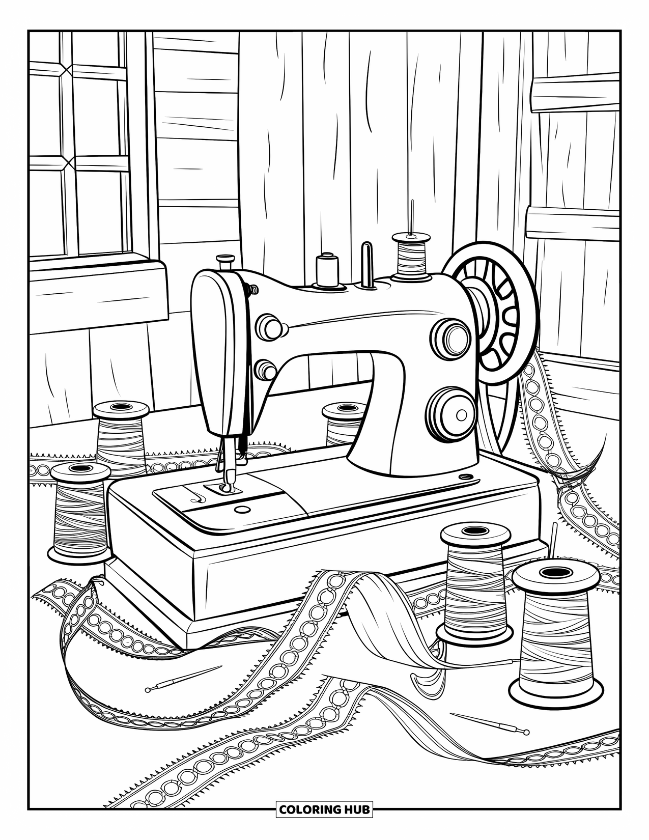 Vintage Coloring Page for Adults: A rustic sewing machine scene with spools, ribbons, and a wooden wall