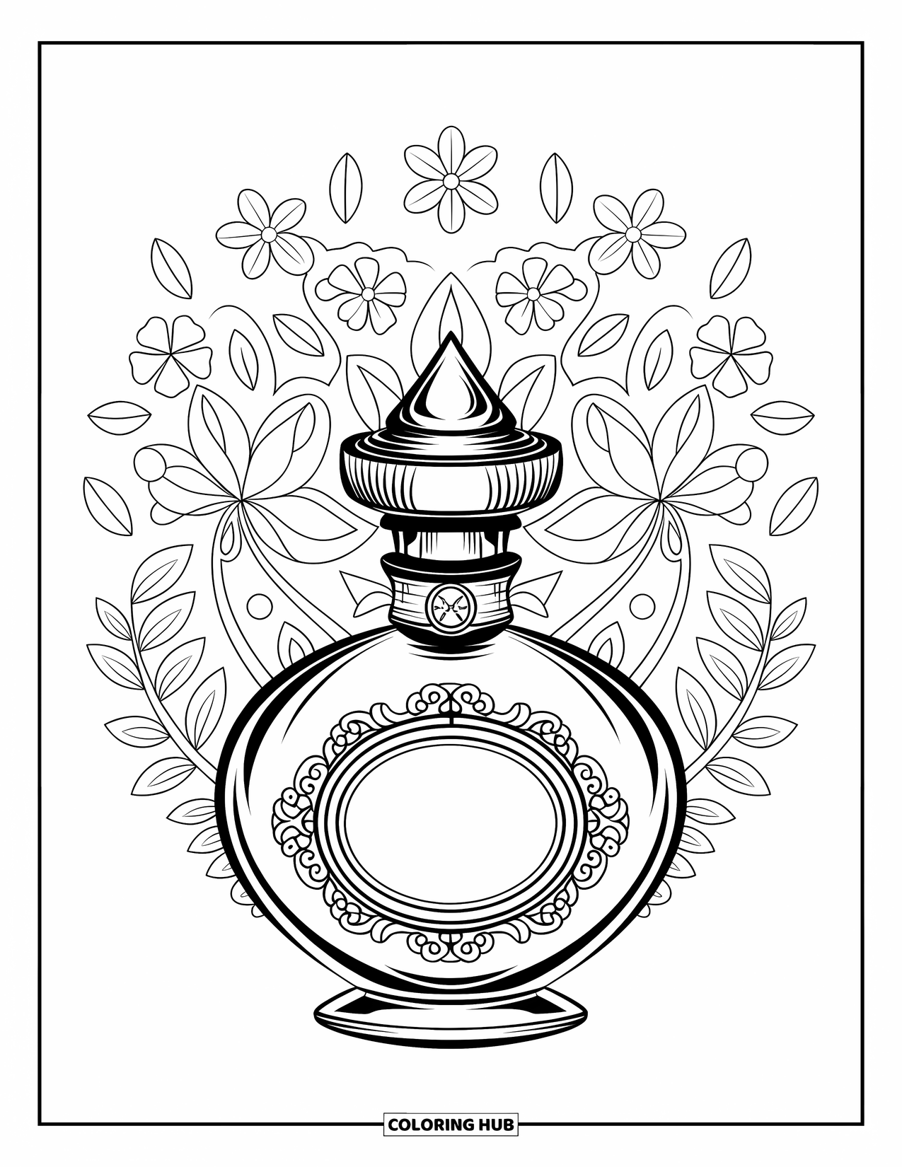 Vintage Coloring Page for Adults: A single ornate perfume bottle surrounded by flowers and leaves