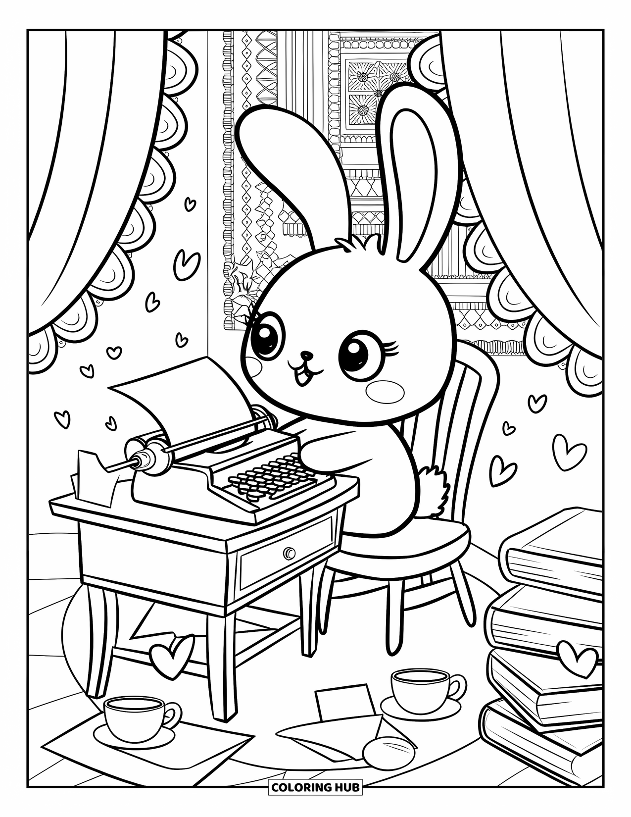 Vintage Coloring Page for Adults: A sweet bunny sits at a writing desk with letters, books, and tea
