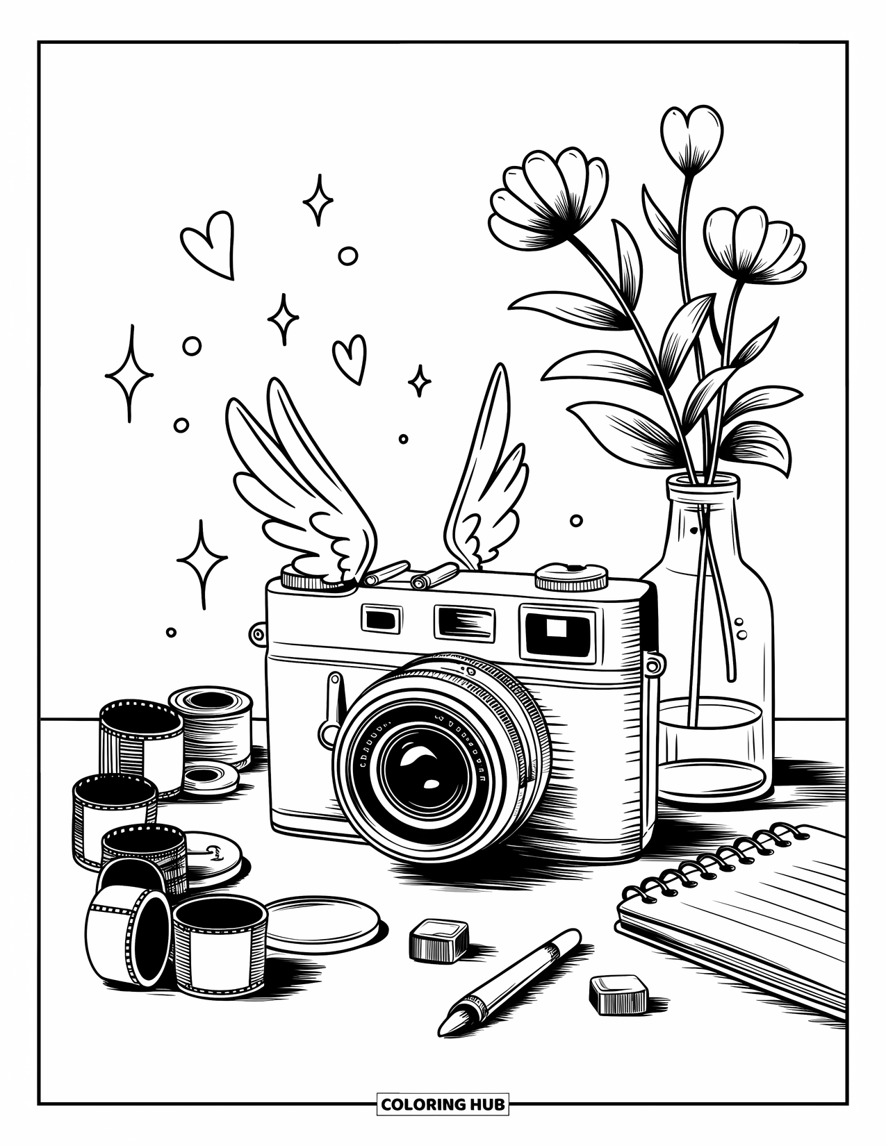 Vintage Coloring Page for Adults: A vintage camera with wings, film rolls, and heart doodles around it