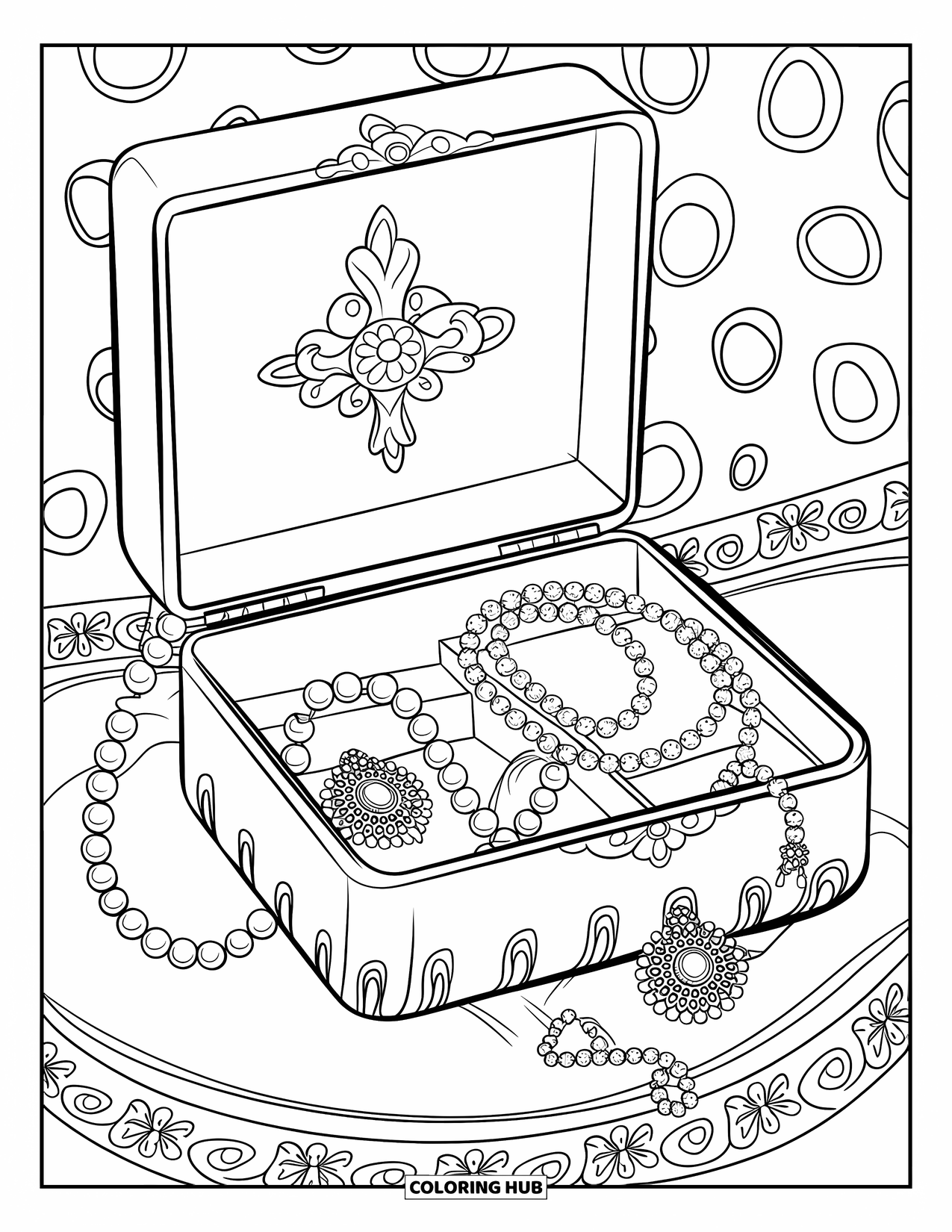 Vintage Coloring Page for Adults: An ornate jewelry box with pearls and necklaces on a velvet cushion