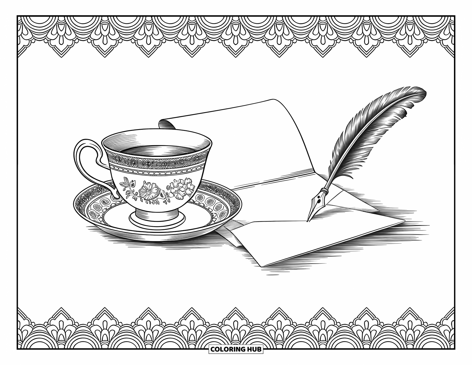 Vintage Coloring Page for Adults: An ornate teacup set beside an open letter and a quill pen
