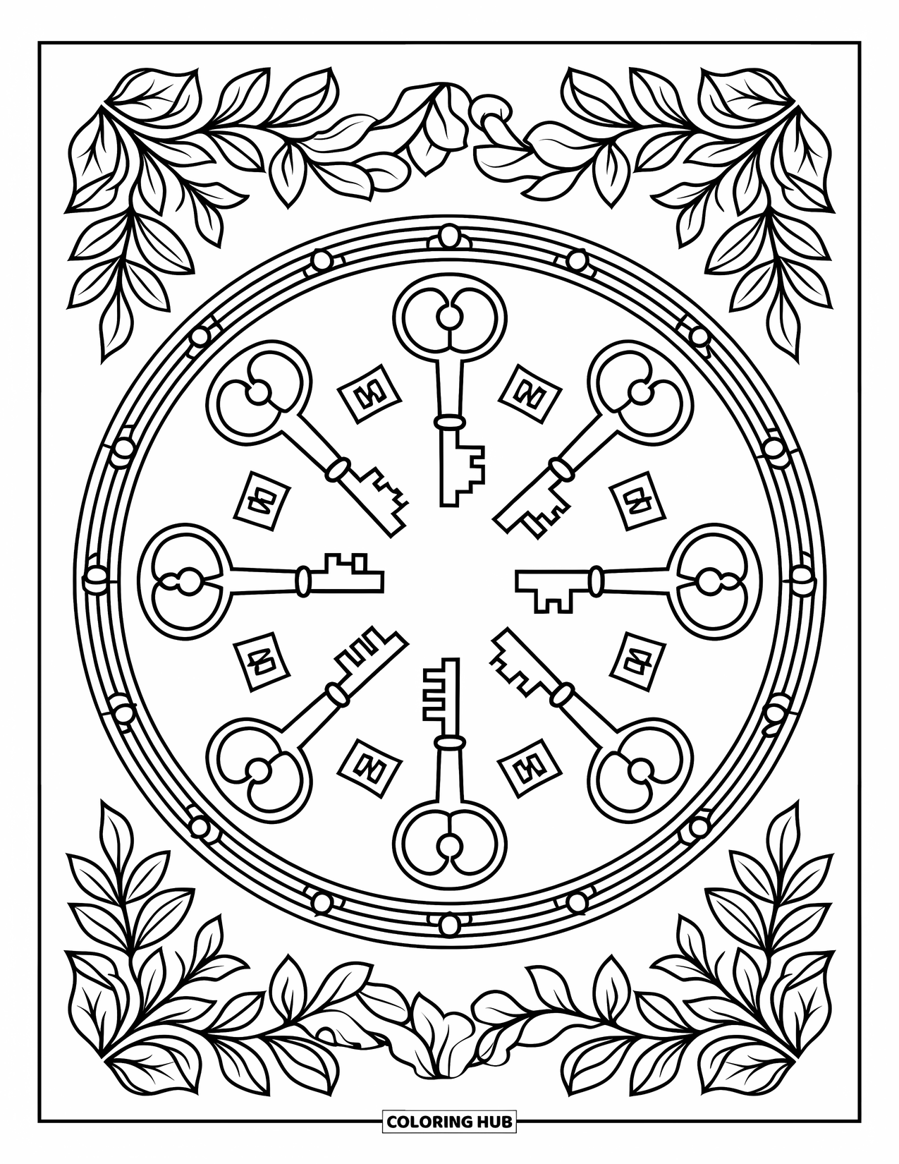 Vintage Coloring Page for Adults: Circular key and lock pattern framed by floral decorative borders