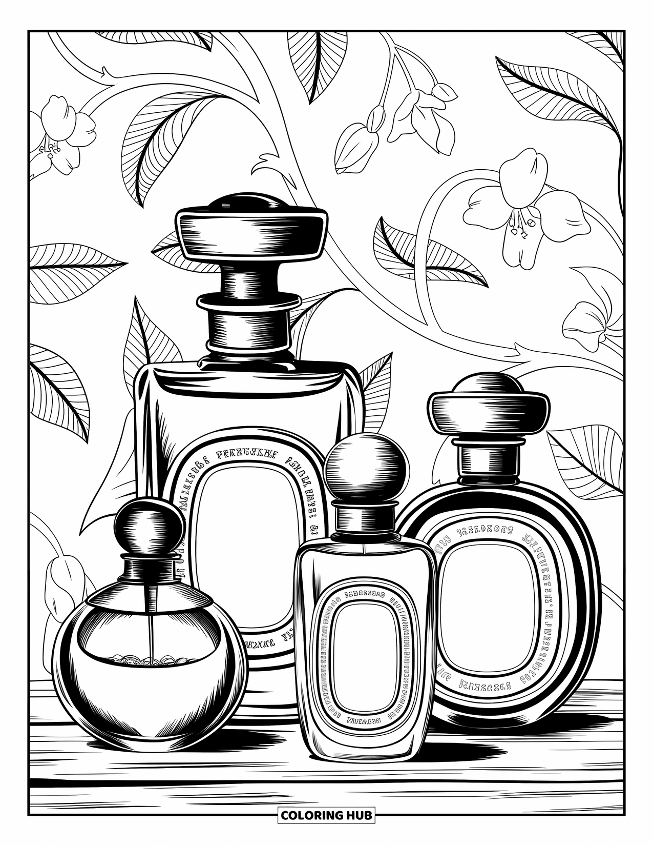 Vintage Coloring Page for Adults: Vintage perfume bottles with ornate labels and floral patterns behind