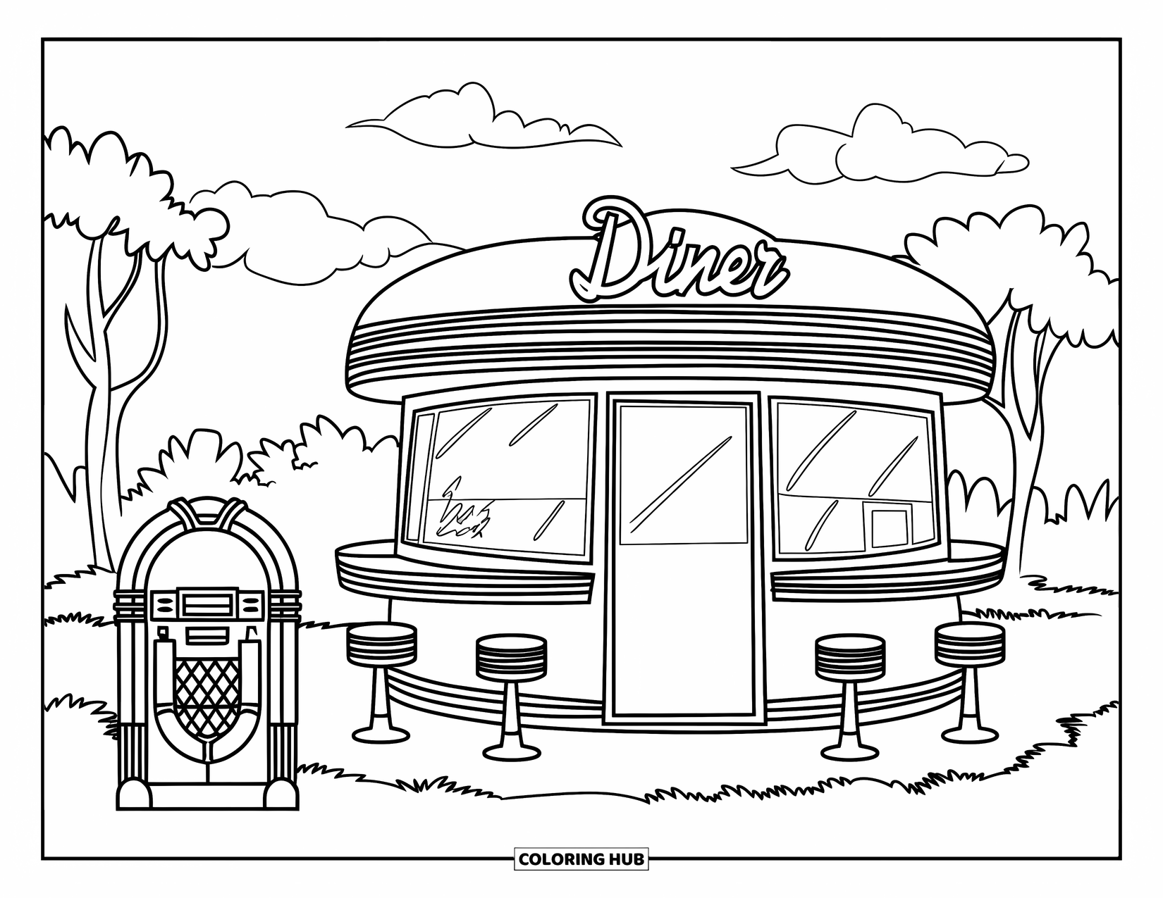 Vintage Coloring Page for Kids: A 1950s-style diner with stools and a jukebox under a cloudy sky