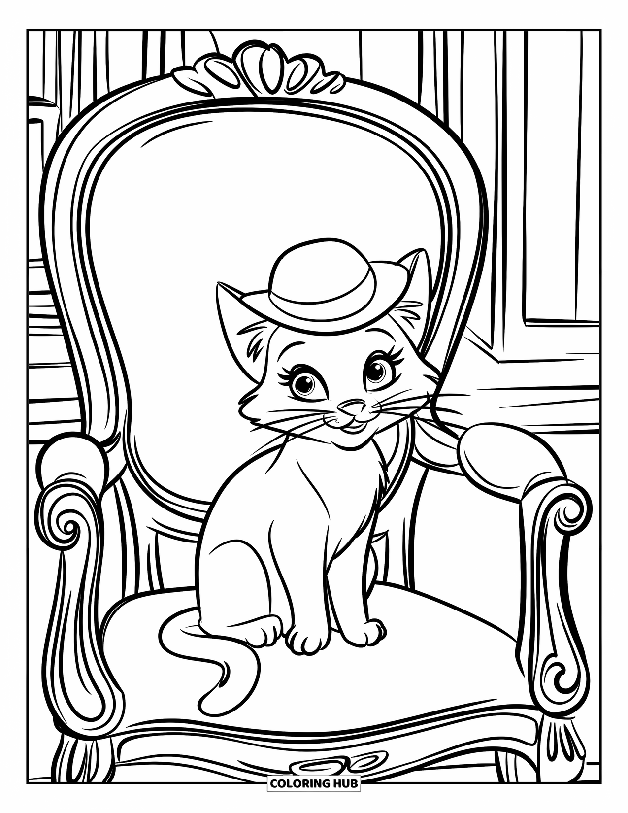 Vintage Coloring Page for Kids: A cat in a small hat sits alertly on a vintage carved chair