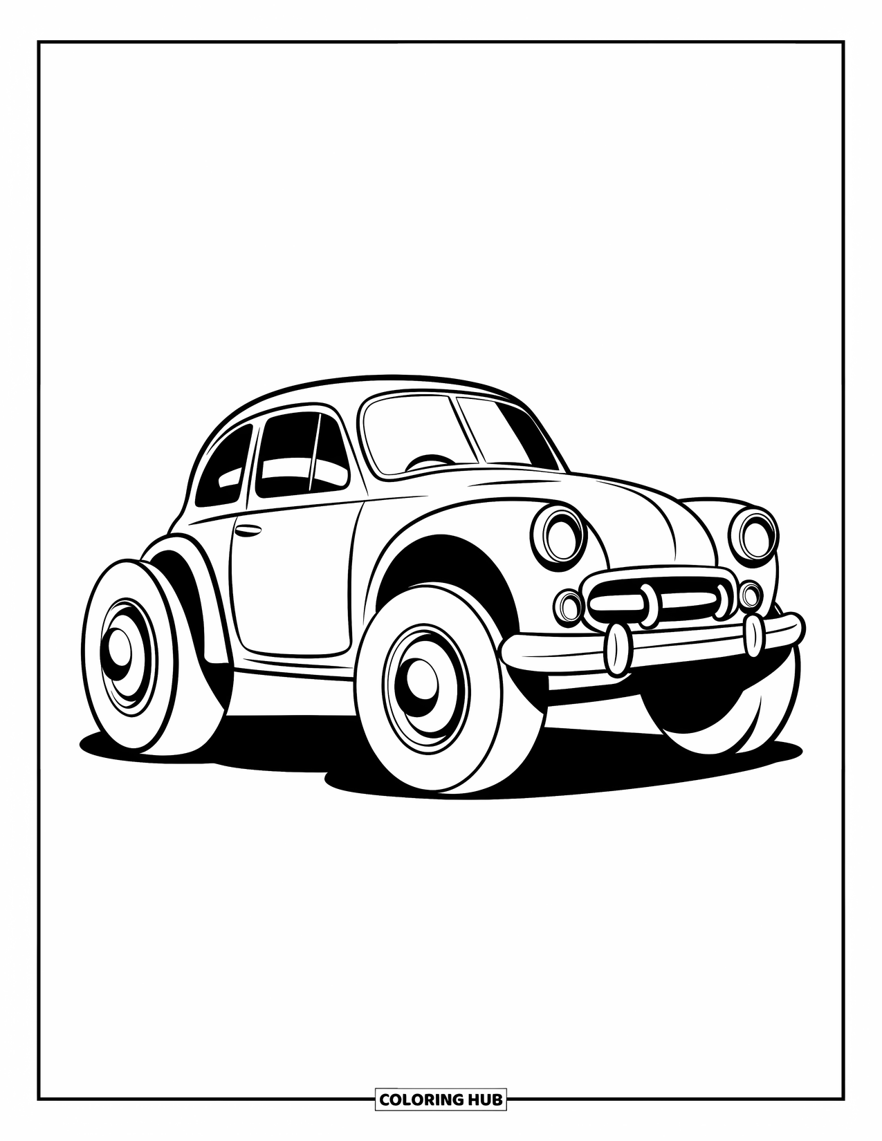 Vintage Coloring Page for Kids: A classic car with round wheels and smiling headlights