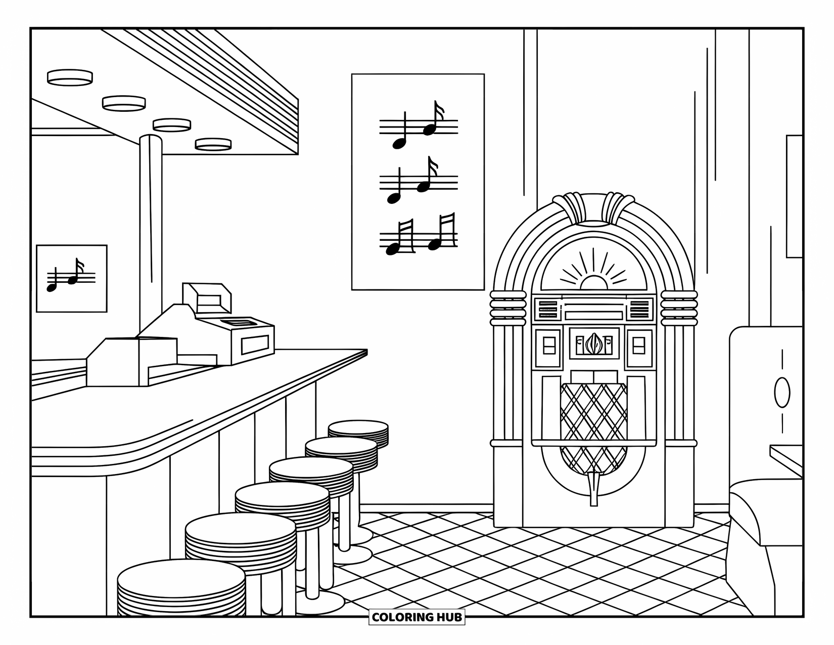 Vintage Coloring Page for Kids: A classic diner with stools, posters, and a jukebox near the counter