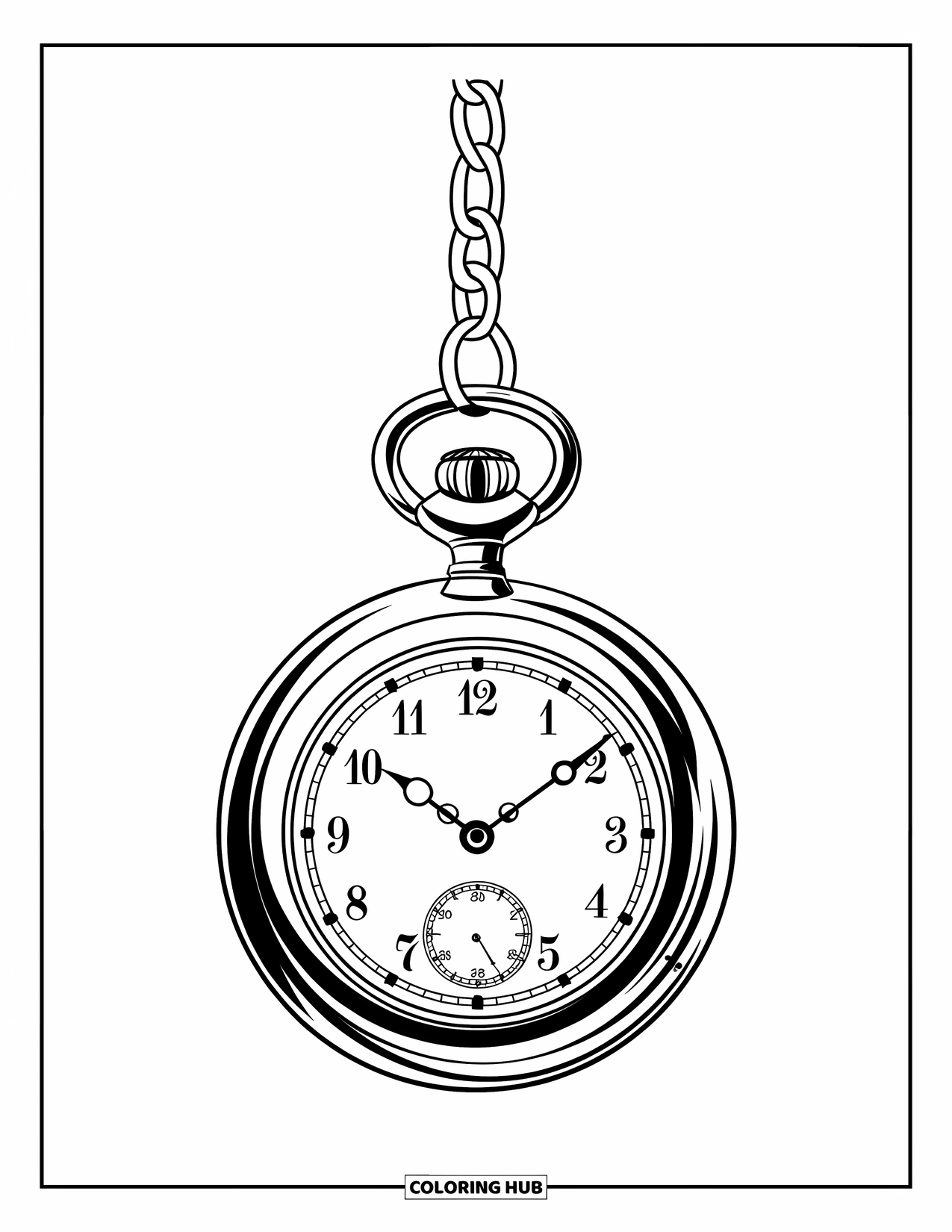 Vintage Coloring Page for Kids: A classic pocket watch with a chain hanging elegantly in midair