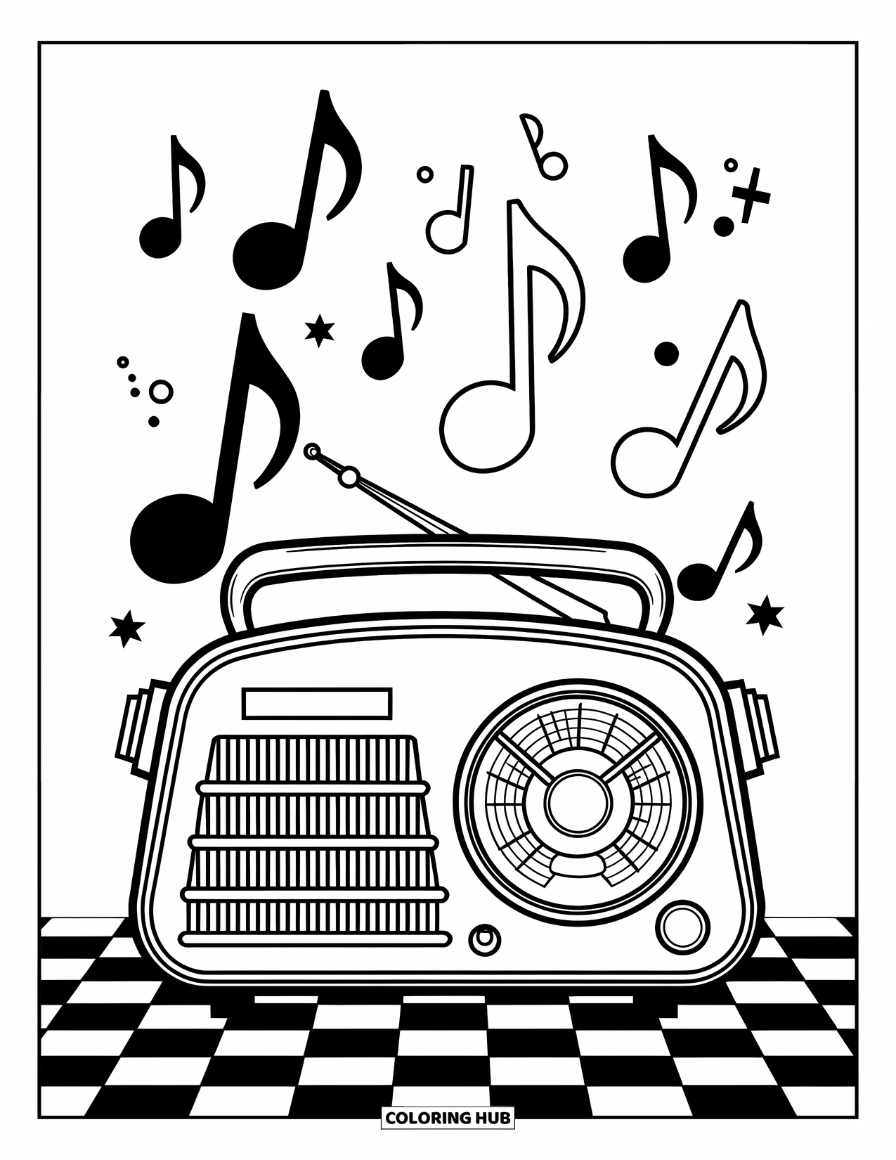 Vintage Coloring Page for Kids: A classic radio on a checkered floor surrounded by musical notes