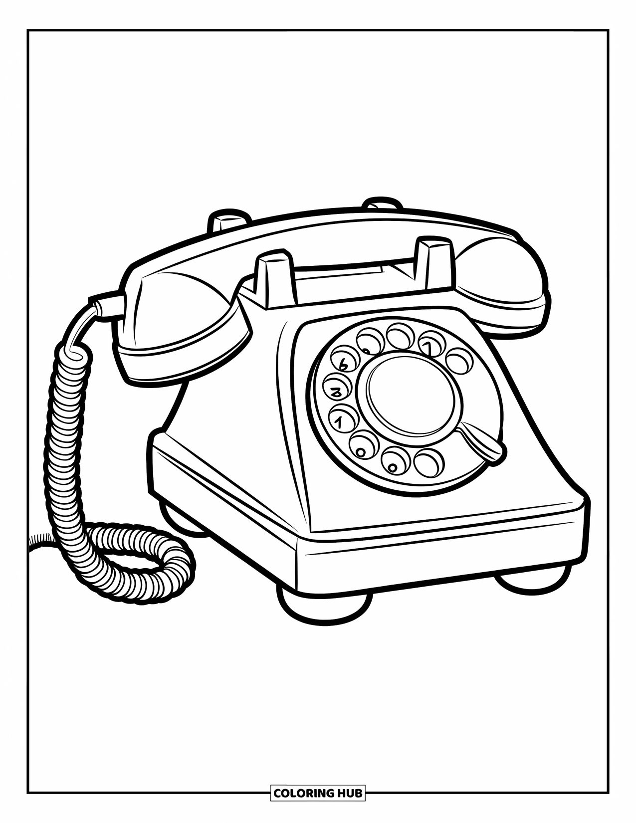 Vintage Coloring Page for Kids: A classic rotary telephone with a curly cord on a wooden stand