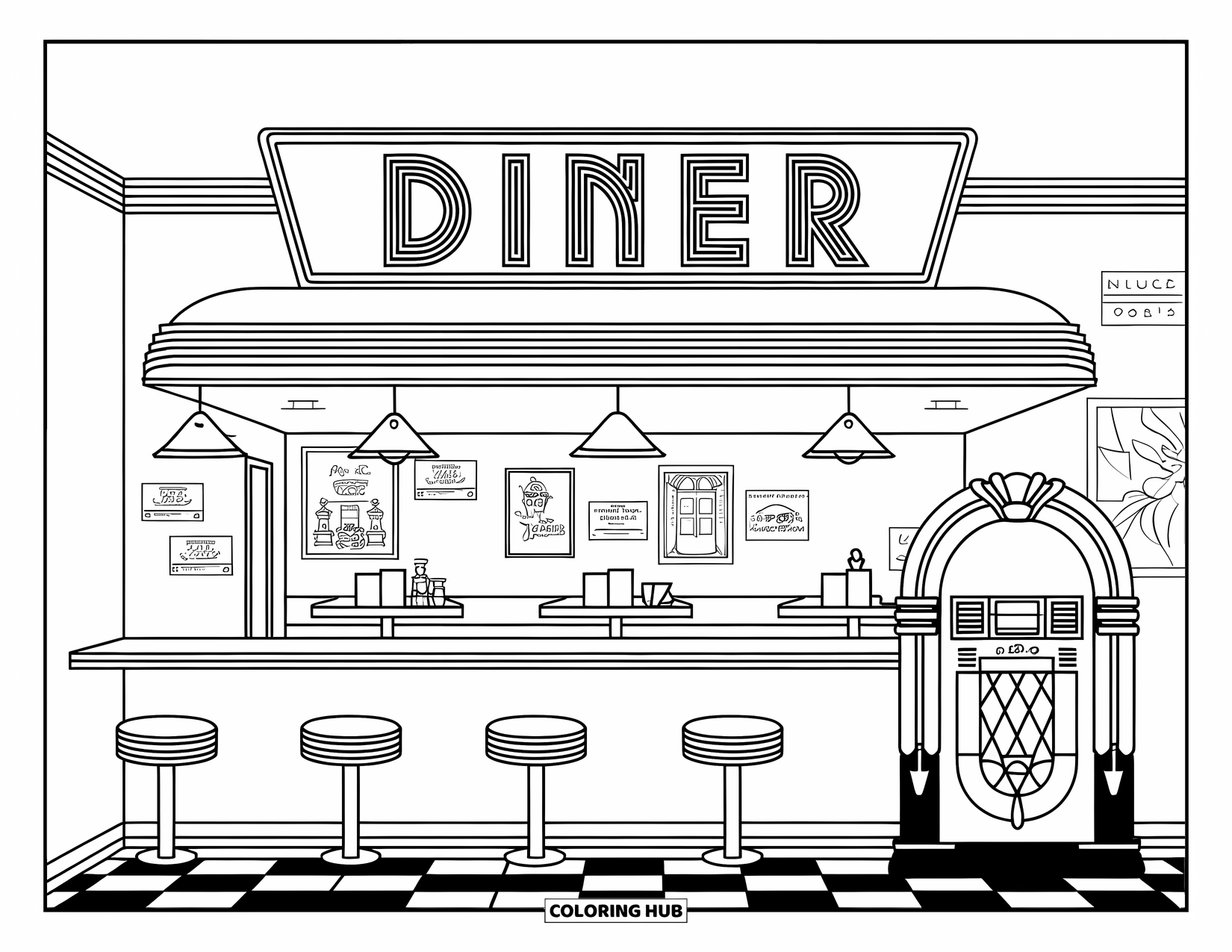 Vintage Coloring Page for Kids: A cozy diner with stools, a jukebox, and a glowing "Diner" sign