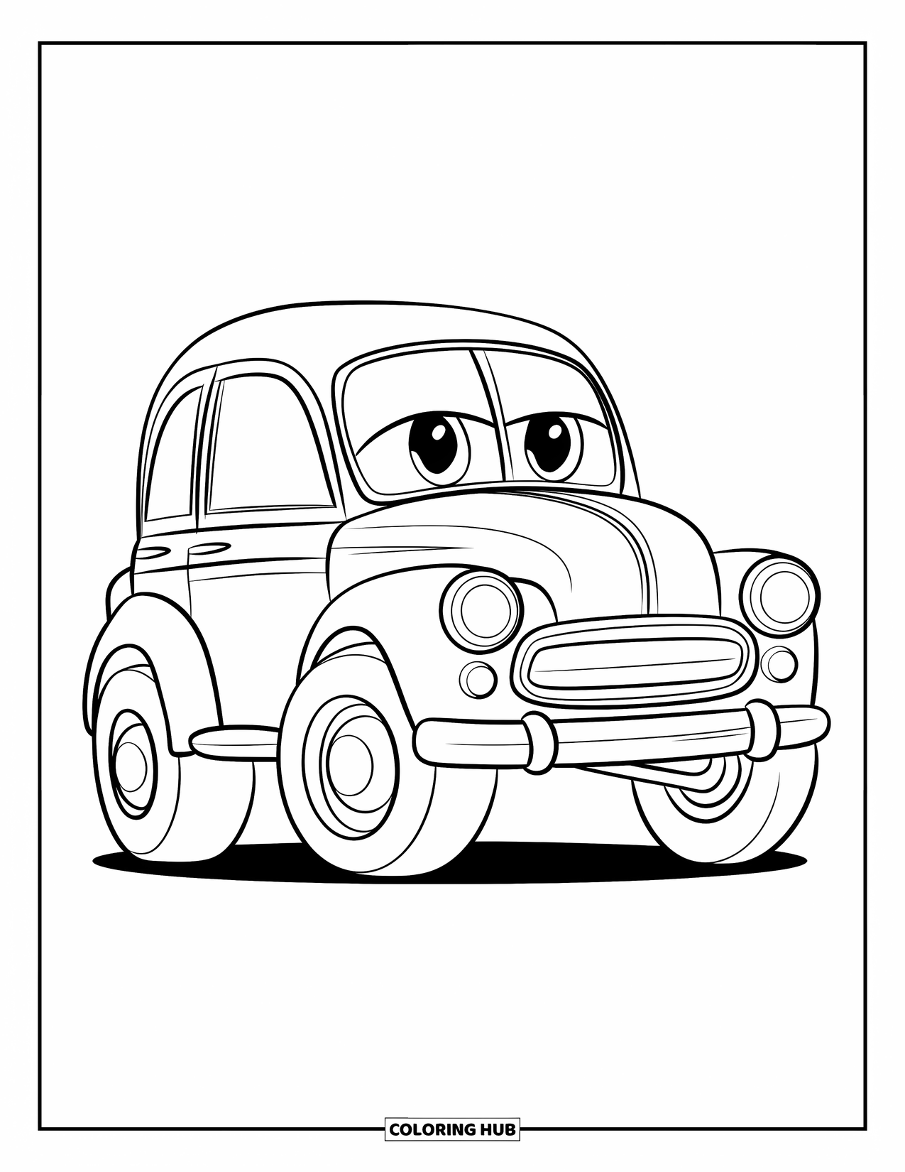 Vintage Coloring Page for Kids: A cute vintage car with big rounded wheels and cheerful headlights