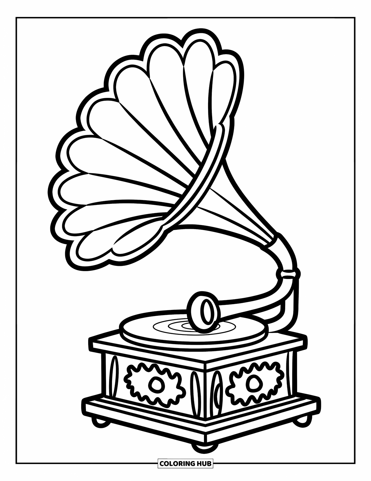 Vintage Coloring Page for Kids: A gramophone with a patterned base and a big curved trumpet speaker
