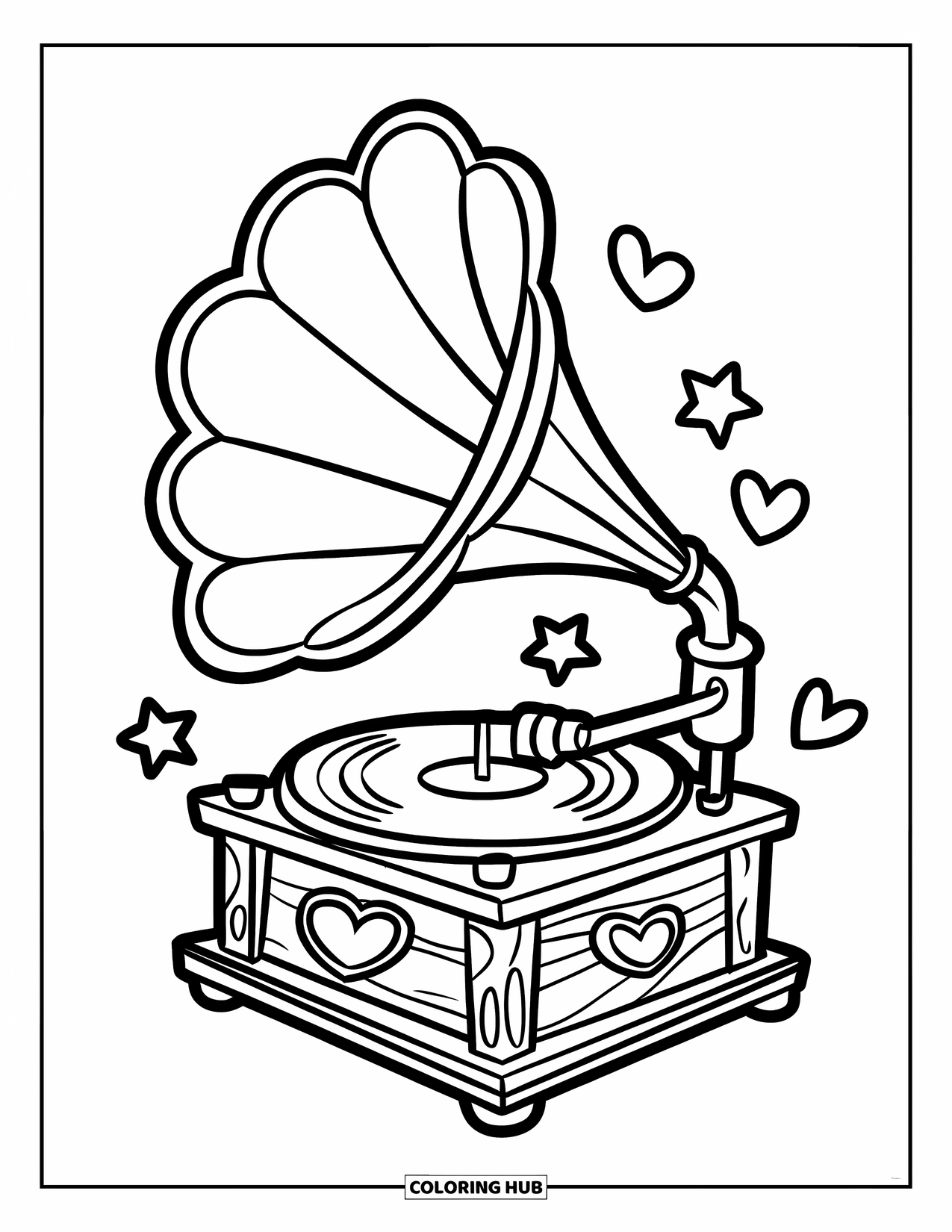 Vintage Coloring Page for Kids: A gramophone with a record, stars, and hearts surrounding it