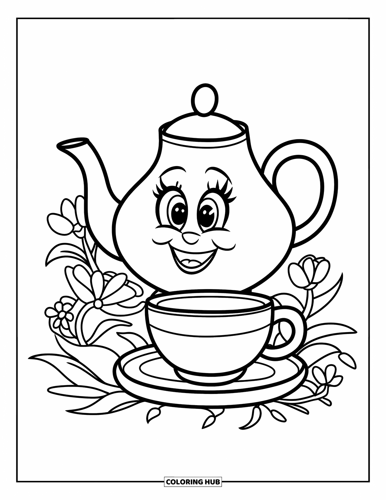 Vintage Coloring Page for Kids: A happy teapot surrounded by flowers with a matching cup and saucer