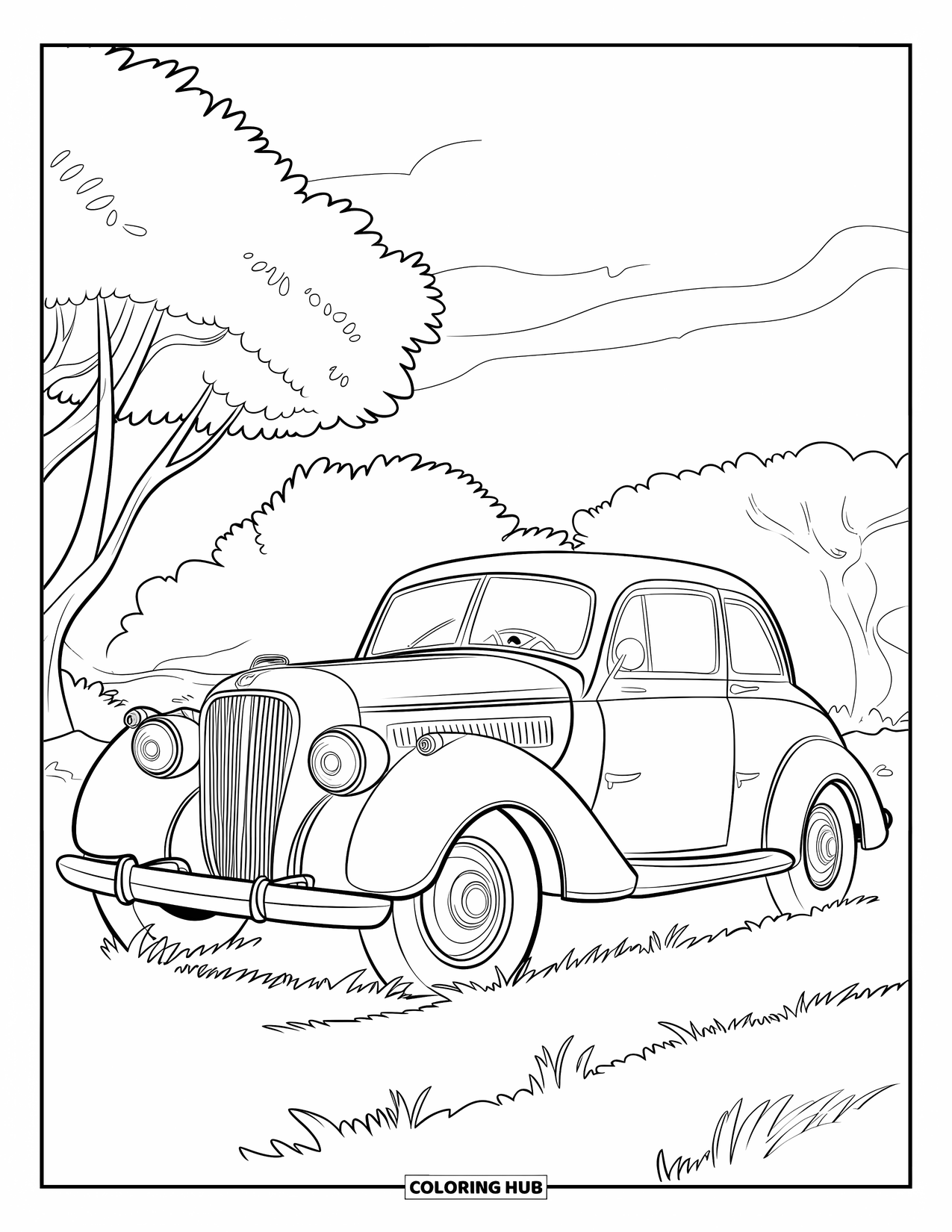 Vintage Coloring Page for Kids: A happy vintage car parked on a grassy field with trees behind