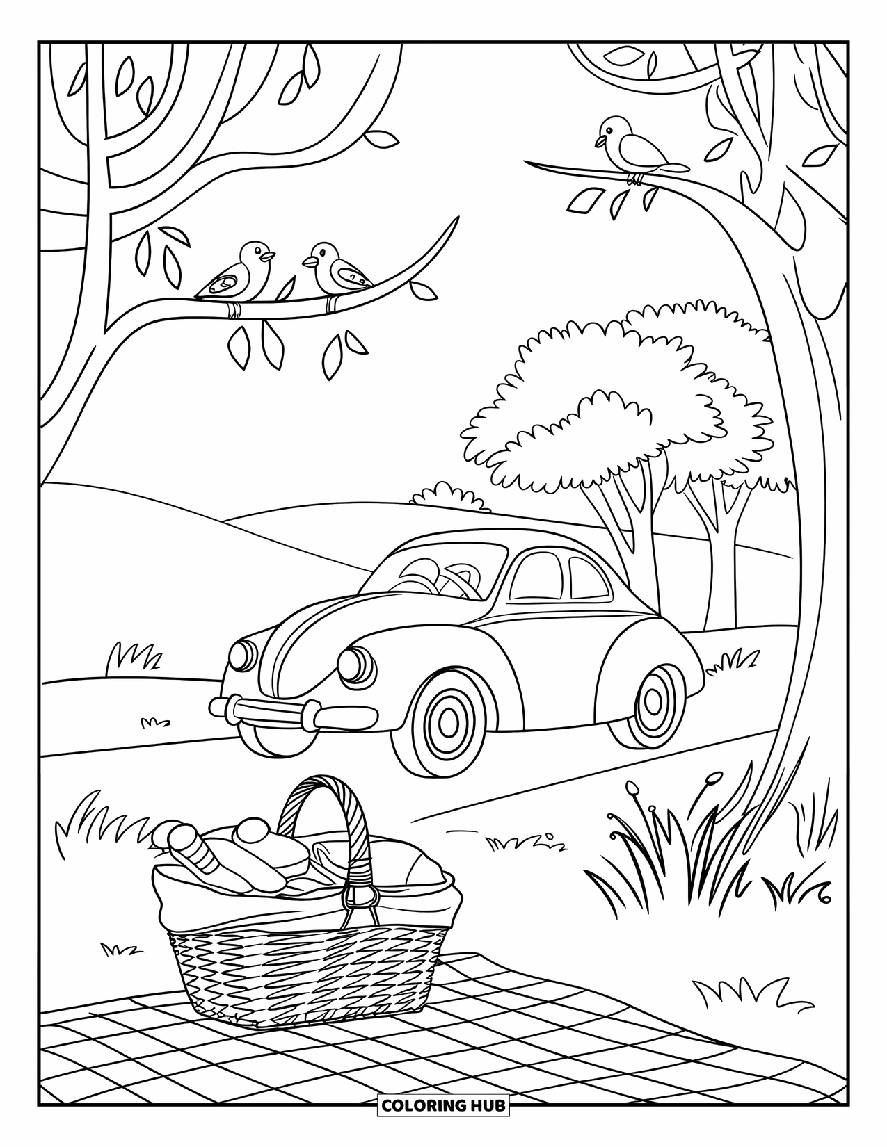 Vintage Coloring Page for Kids: A peaceful picnic with a blanket, wicker basket, and trees in the background
