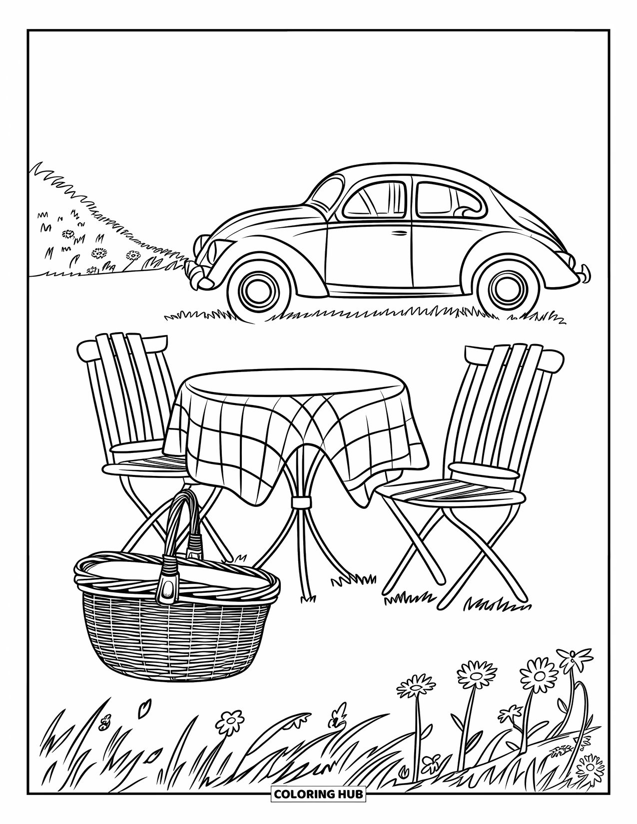 Vintage Coloring Page for Kids: A picnic setup with chairs, a wicker basket, and a nearby vintage car