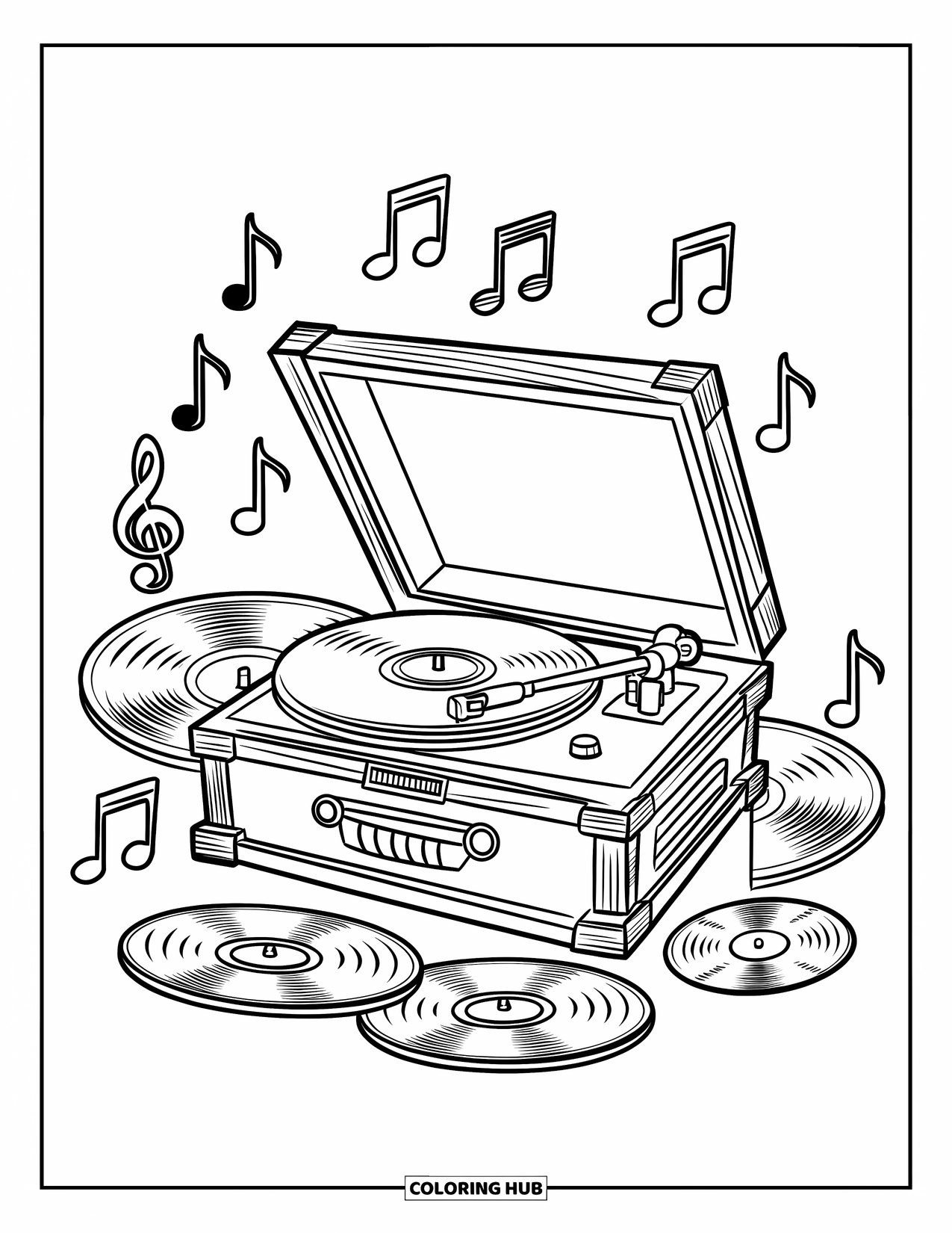 Vintage Coloring Page for Kids: A record player with vinyl albums stacked and music notes around
