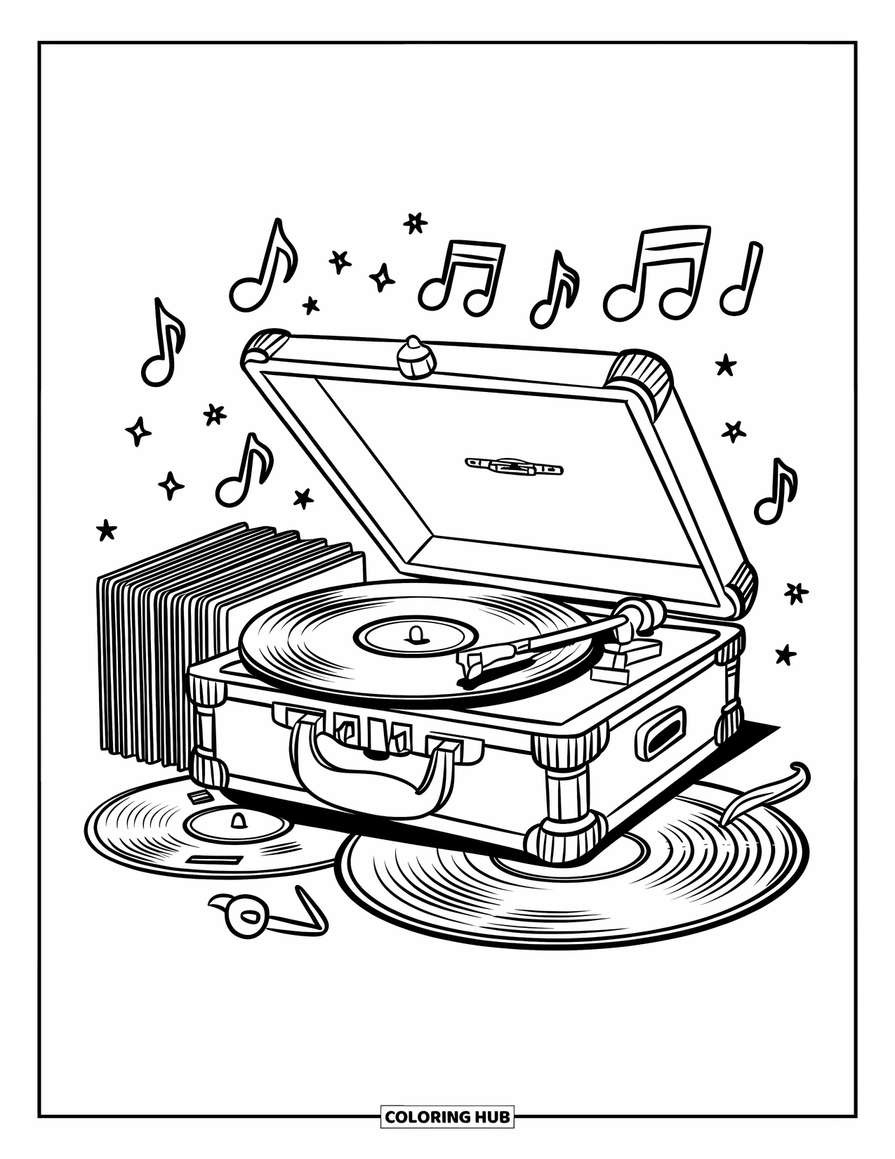 Vintage Coloring Page for Kids: A retro record player surrounded by vinyl albums and floating notes