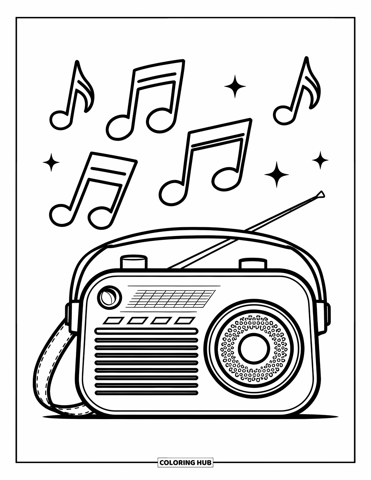 Vintage Coloring Page for Kids: A retro wooden radio with floating musical notes around it