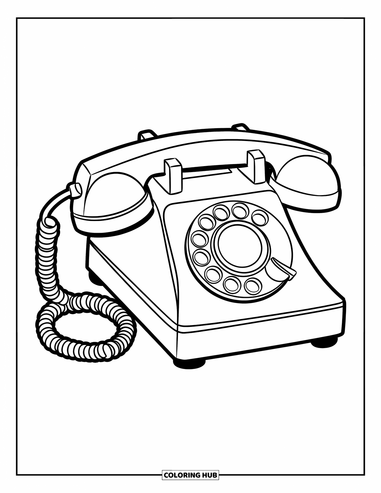 Vintage Coloring Page for Kids: A rotary phone with big buttons and a curly cord for easy use
