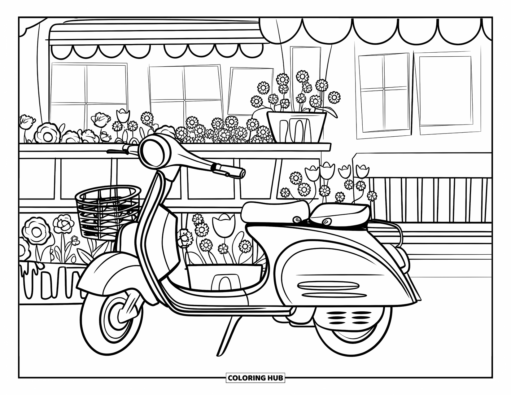 Vintage Coloring Page for Kids: A scooter with a basket near a flower stand and a nearby bench
