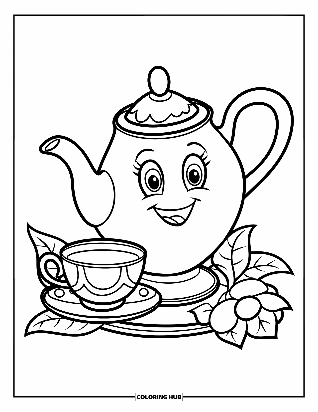 Vintage Coloring Page for Kids: A smiling teapot with flowers and a cup resting on a small base