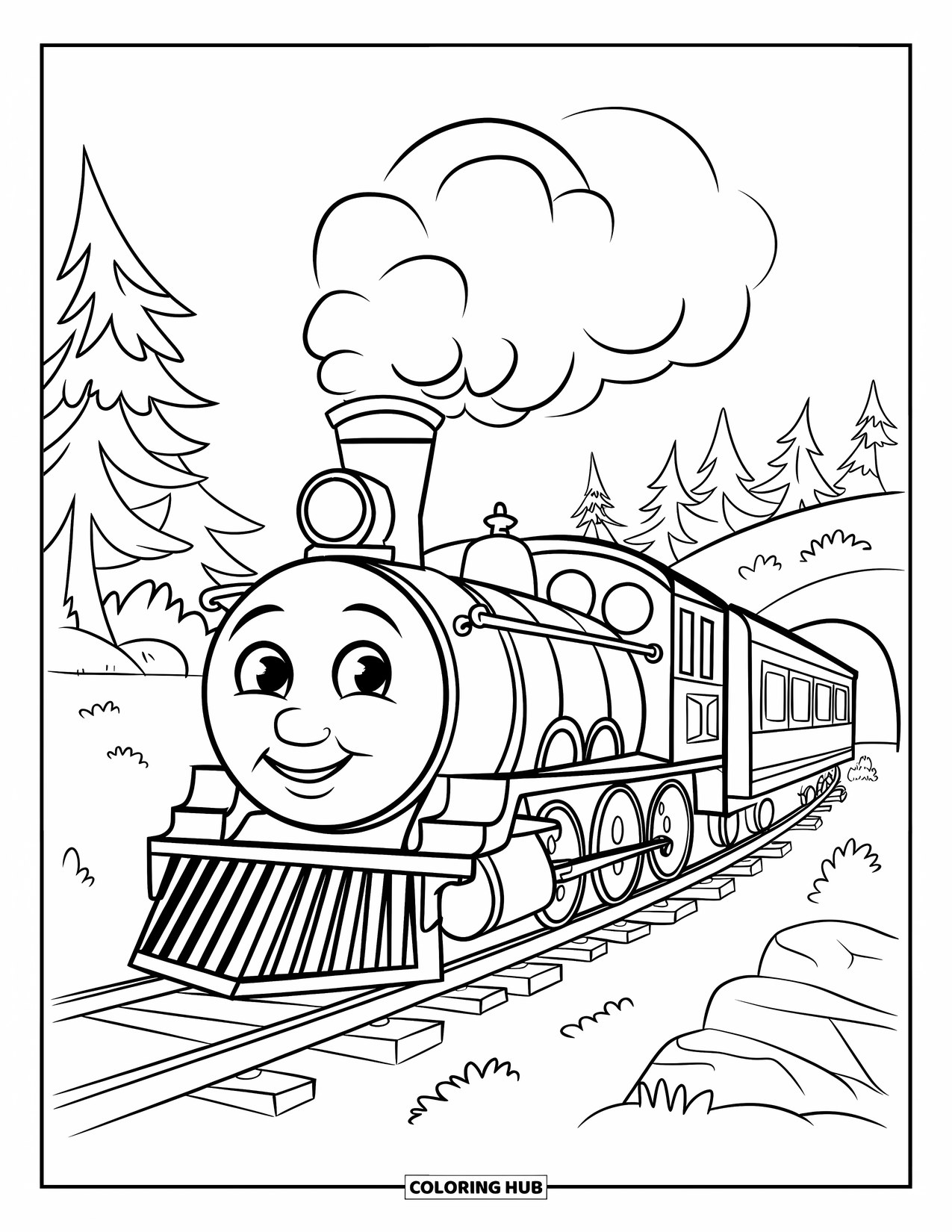 Vintage Coloring Page for Kids: A smiling train puffing steam while moving through green scenery