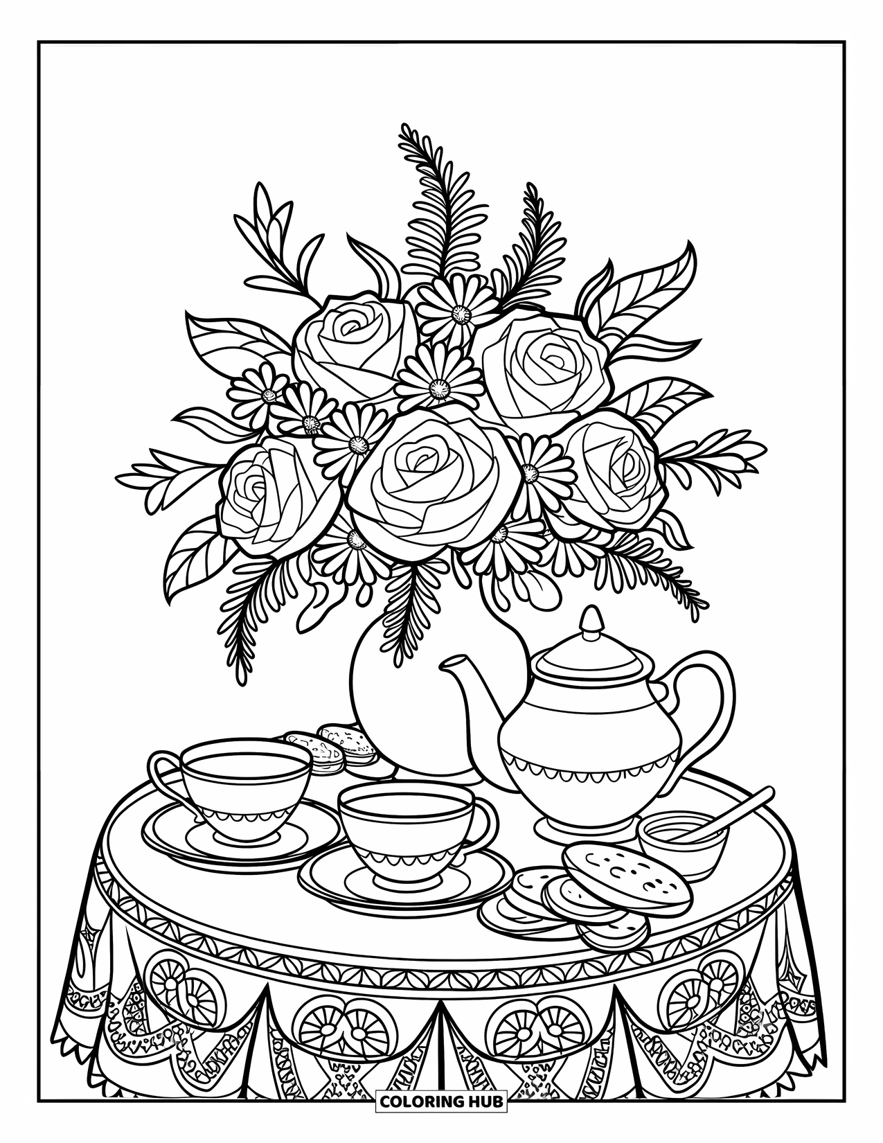 Vintage Coloring Page for Kids: A tea set with biscuits and a vase of roses and daisies on the table