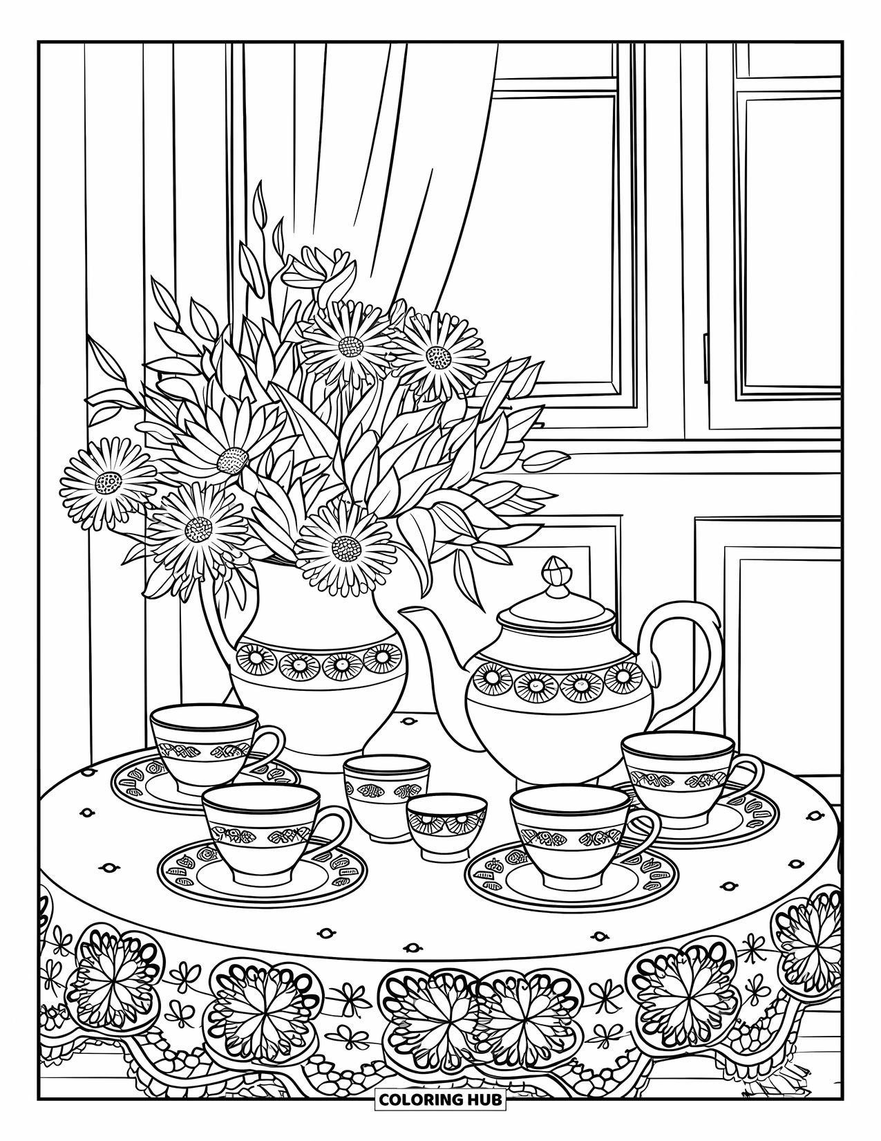Vintage Coloring Page for Kids: A tea set with cups and flowers arranged on a lace-covered table