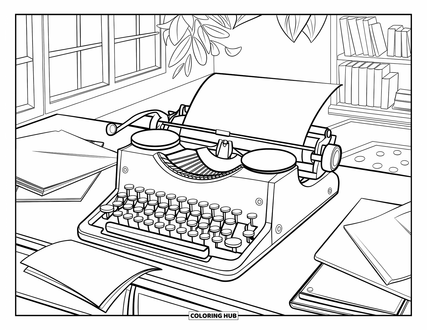 Vintage Coloring Page for Kids: A typewriter by a window with books, plants, and a rug nearby