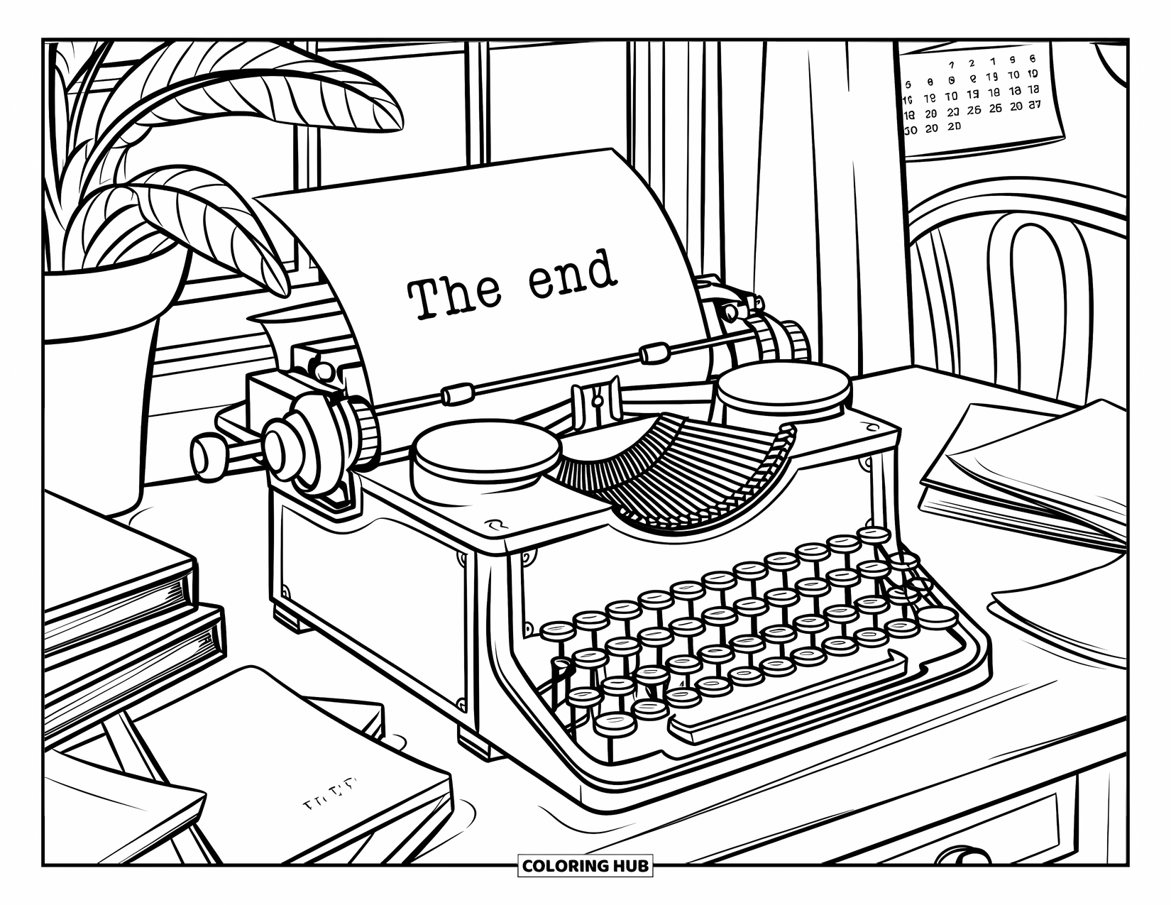 Vintage Coloring Page for Kids: A typewriter on a desk with "The End" typed and a lamp beside it