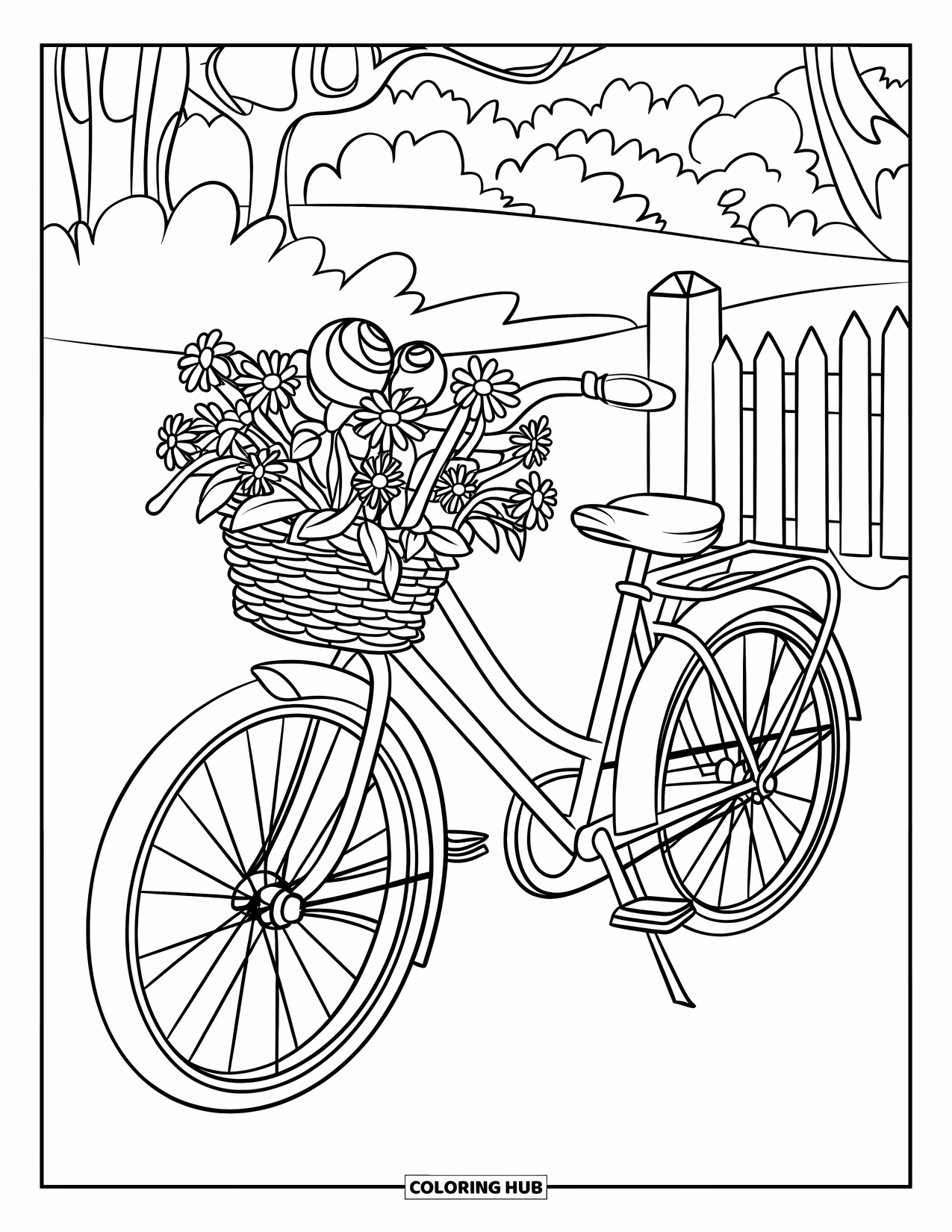 Vintage Coloring Page for Kids: A vintage bicycle by a picket fence with a basket of flowers