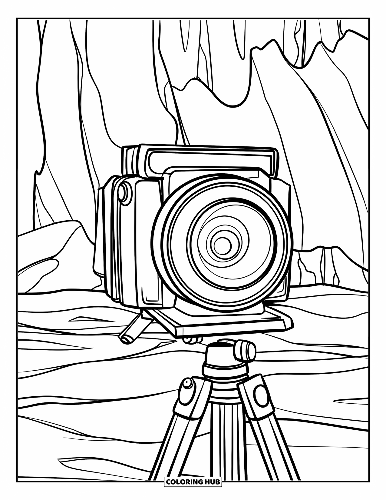 Vintage Coloring Page for Kids: A vintage camera on a tripod set against rocky terrain