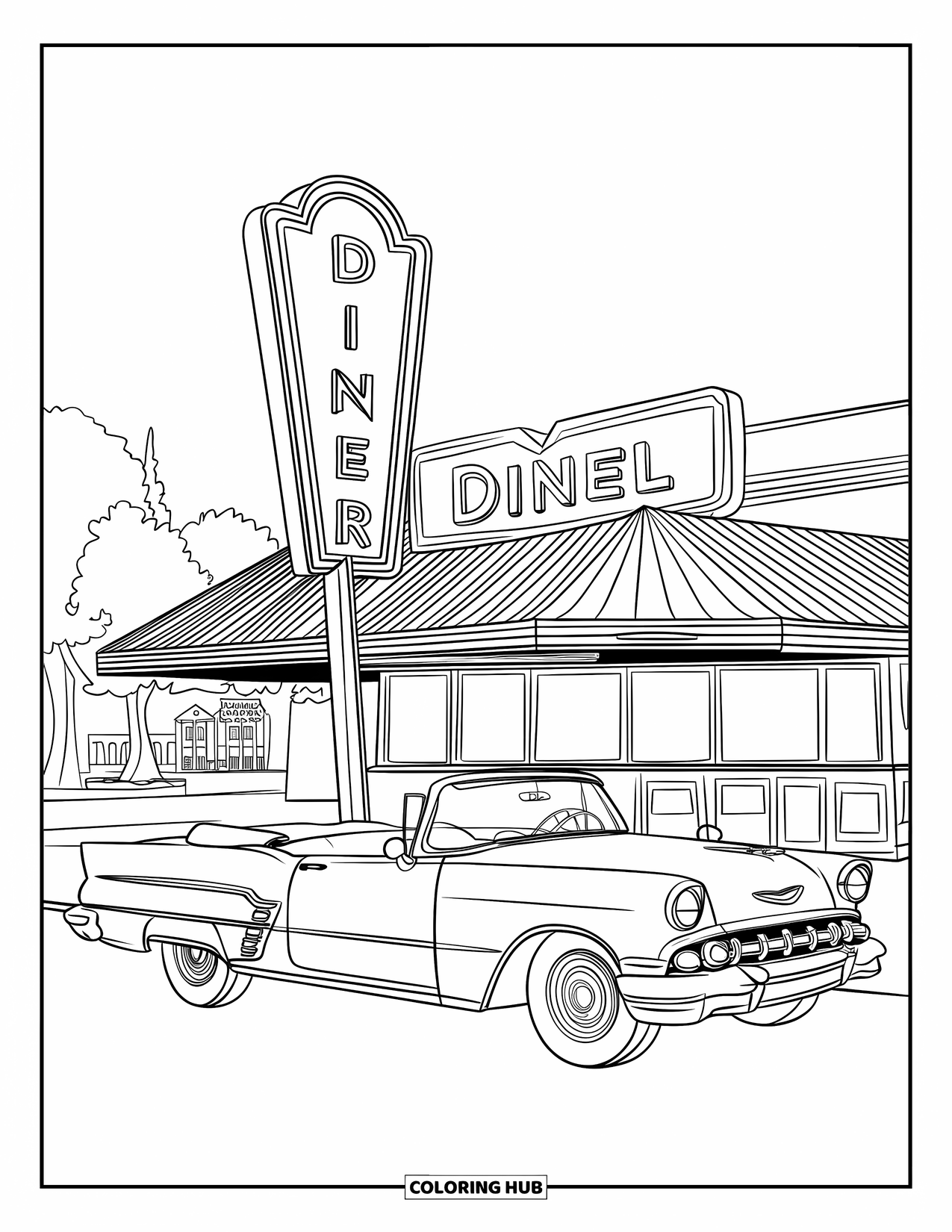 Vintage Coloring Page for Kids: A vintage convertible parked beside a retro diner with a bright sign