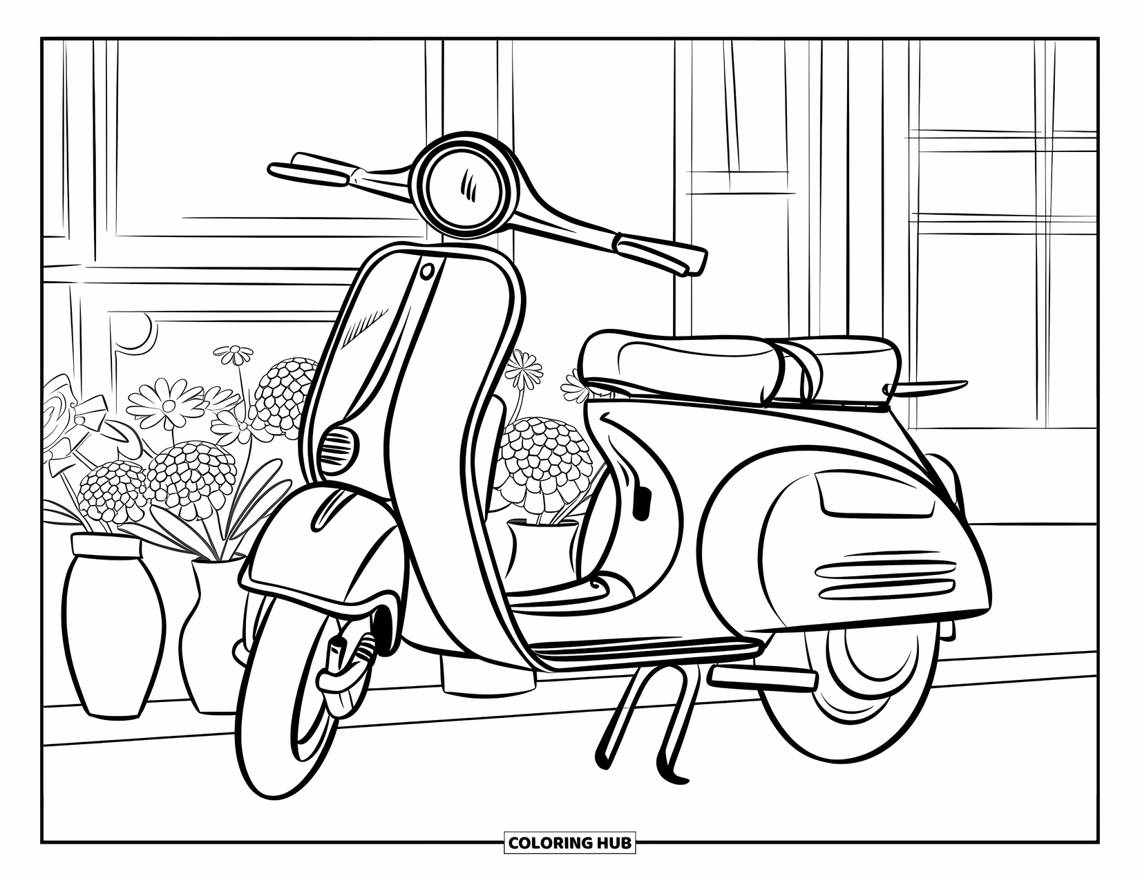 Vintage Coloring Page for Kids: A vintage scooter beside a stand of flowers and a windowed building