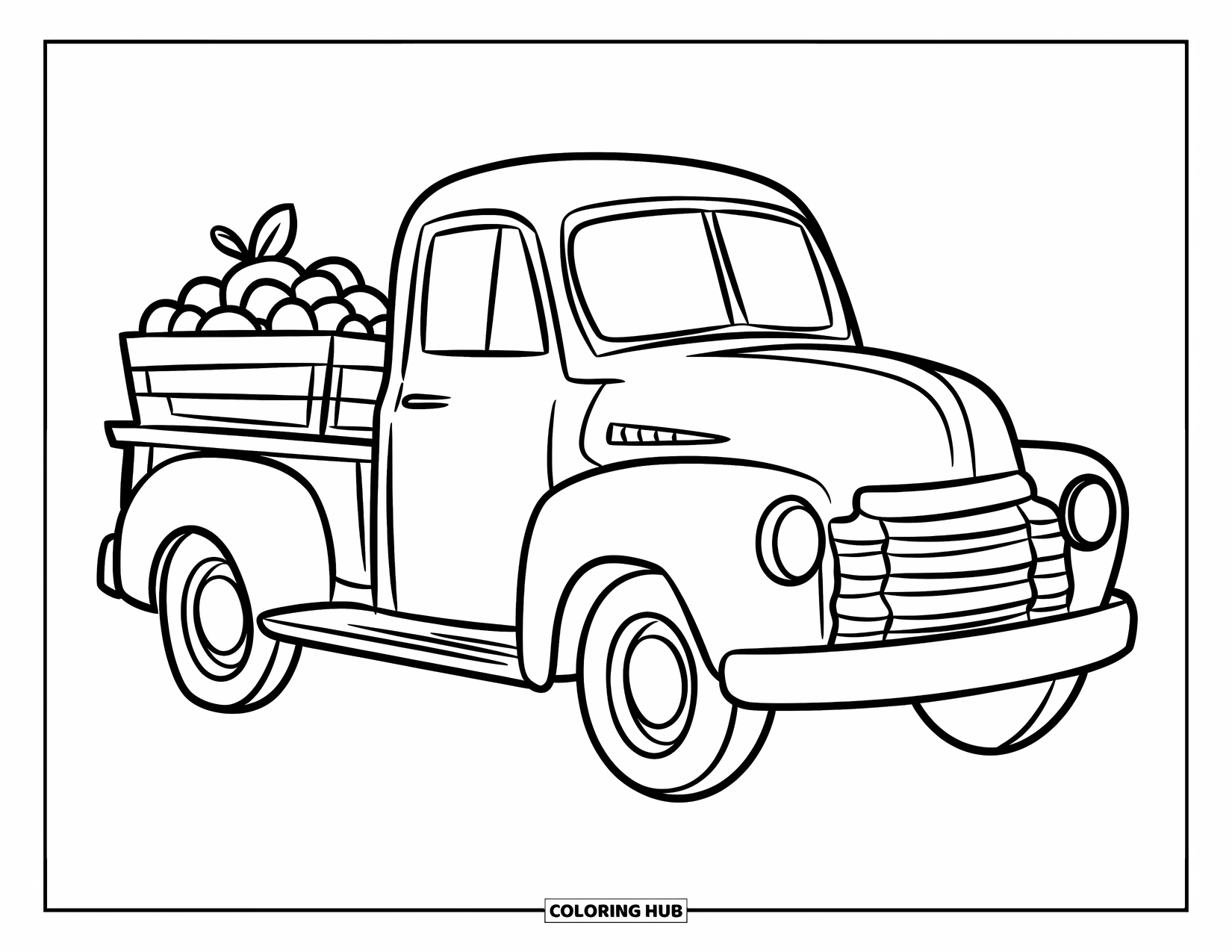 Vintage Coloring Page for Kids: A vintage truck carrying a crate full of fresh fruits