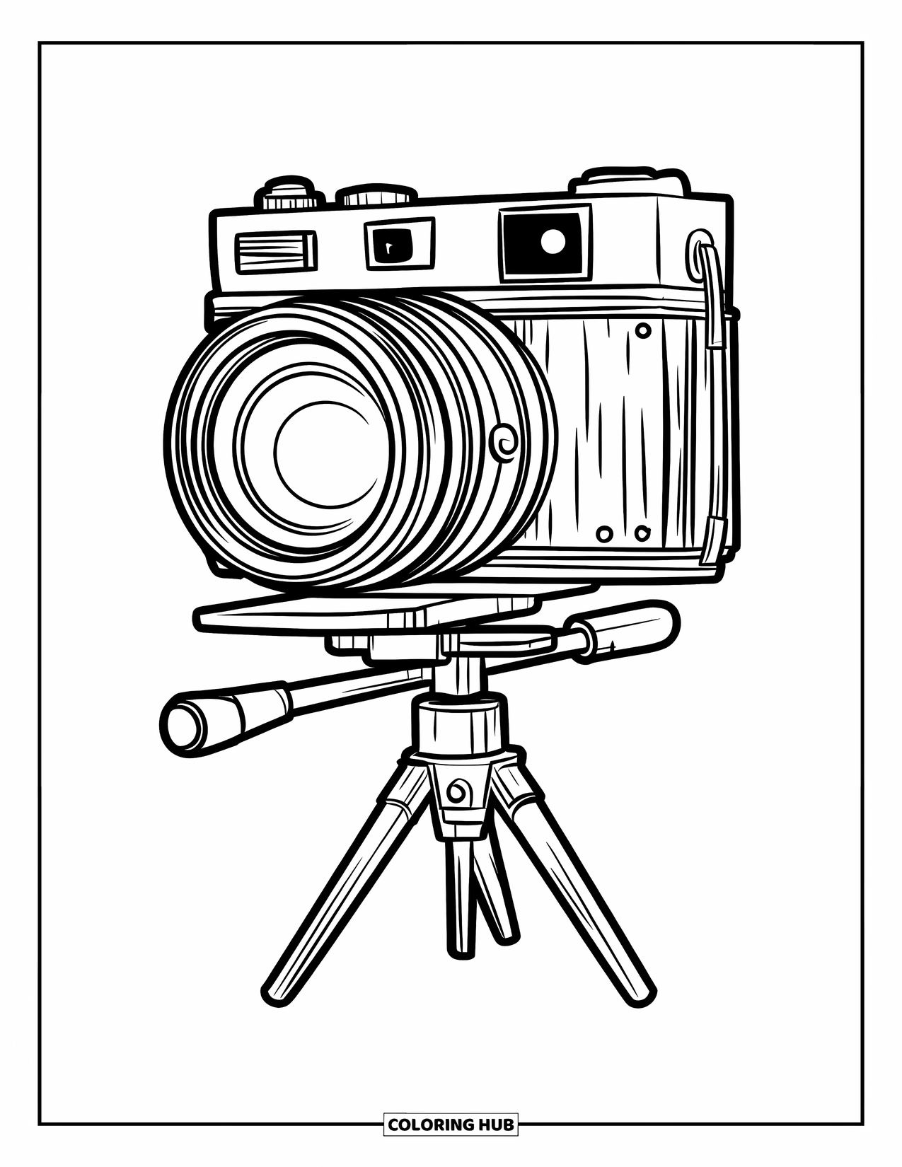 Vintage Coloring Page for Kids: An old-fashioned camera with a round lens mounted on a sturdy tripod