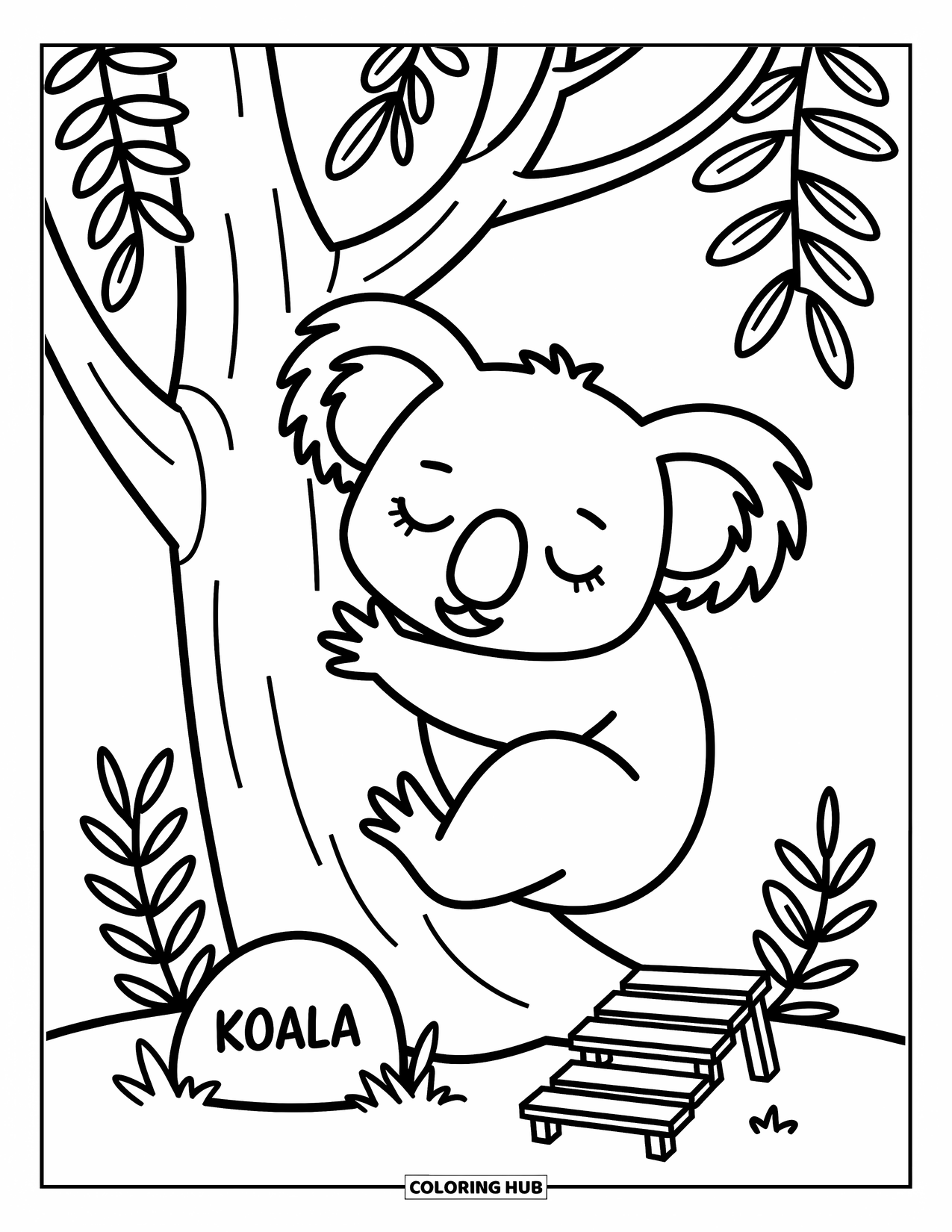 Zoo Animals Coloring Page for Adults: A cozy koala hugs a tree trunk near a tiny ladder and a "KOALA" marker