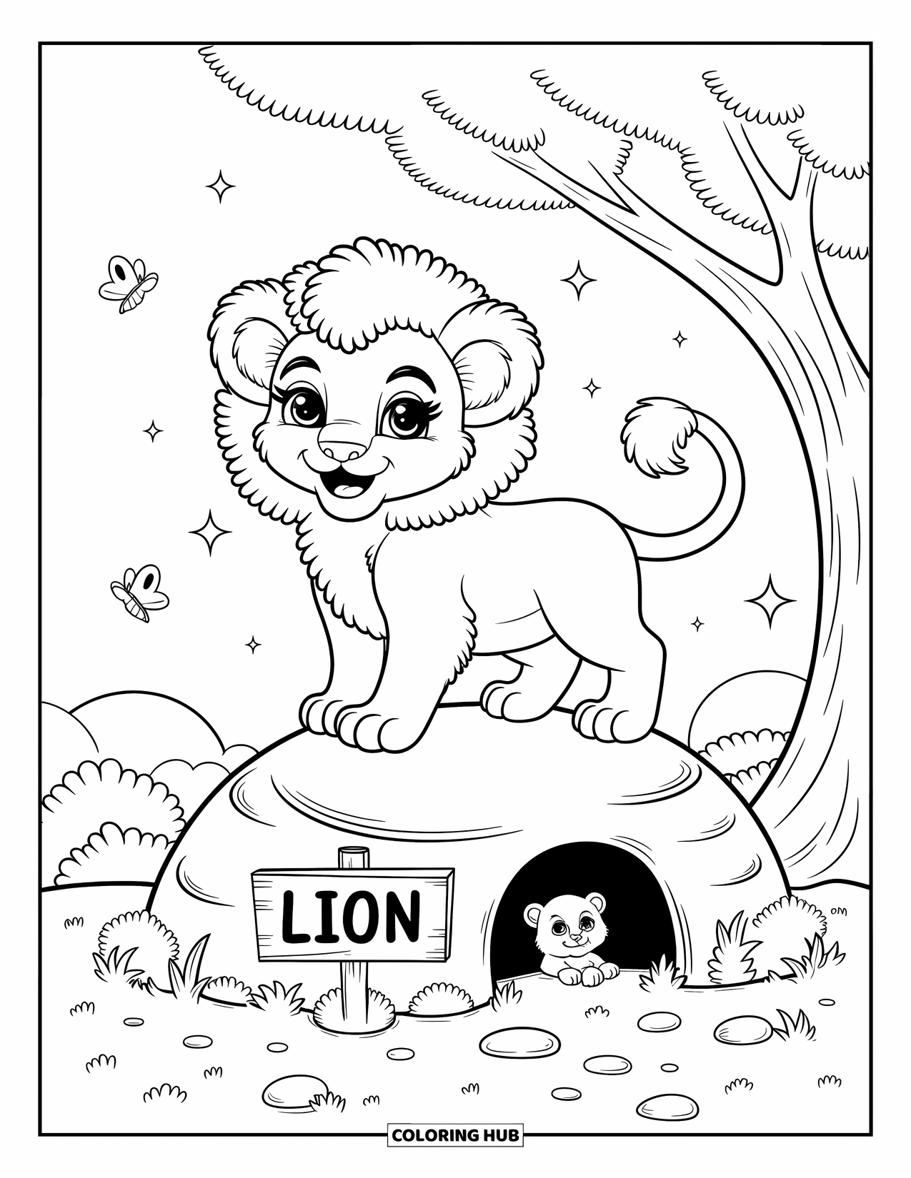 Zoo Animals Coloring Page for Adults: A curious lion cub poses on a rock while butterflies flutter nearby