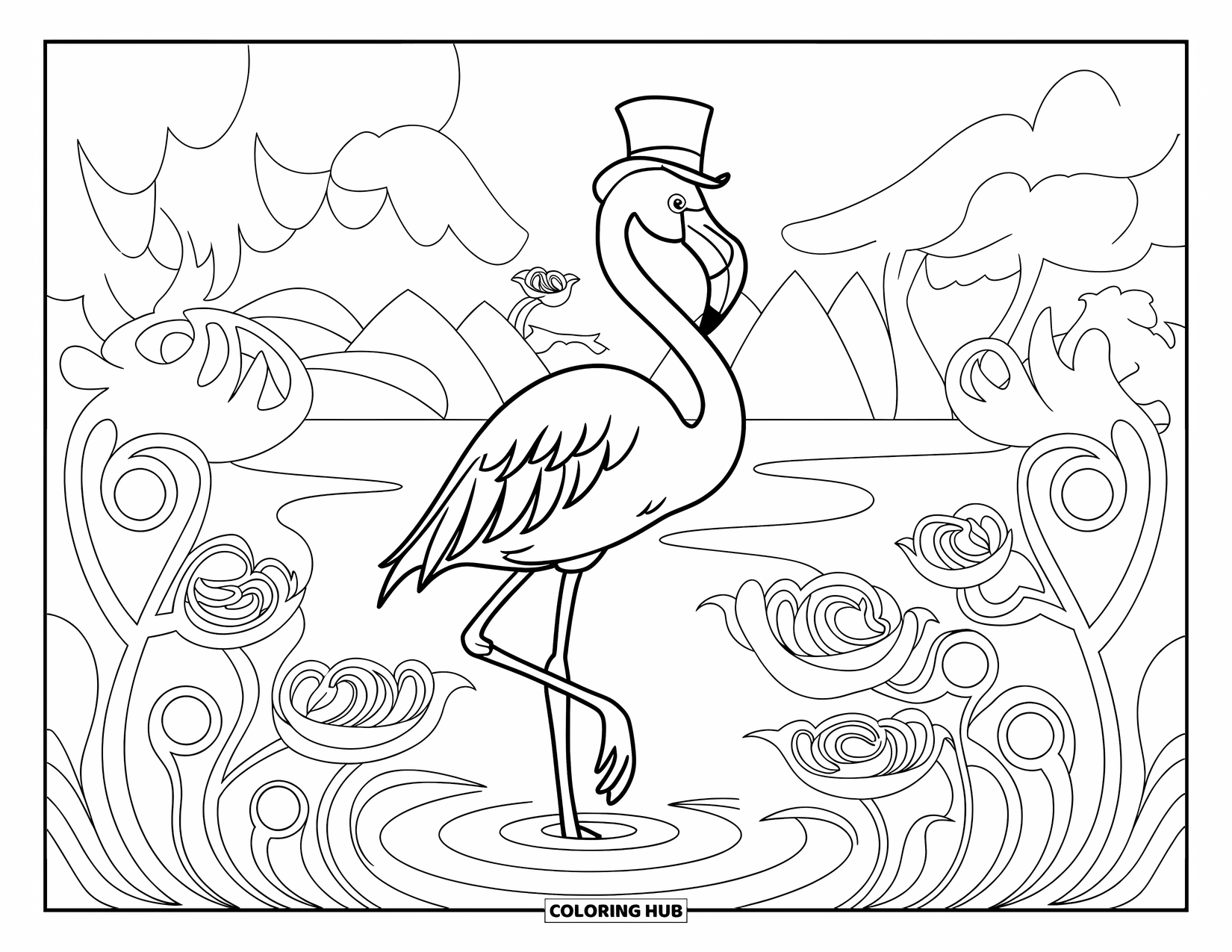 Zoo Animals Coloring Page for Adults: A dapper flamingo in a top hat stands in a pond of elegant flowers