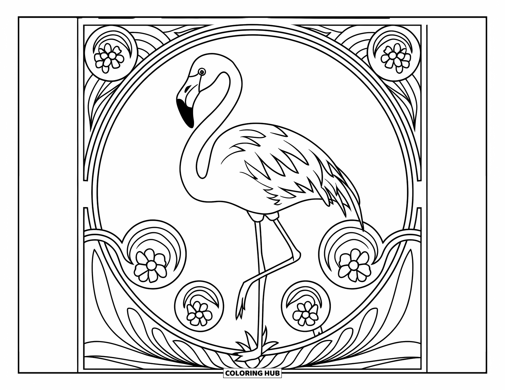 Zoo Animals Coloring Page for Adults: A flamingo balances on one leg surrounded by swirling floral designs
