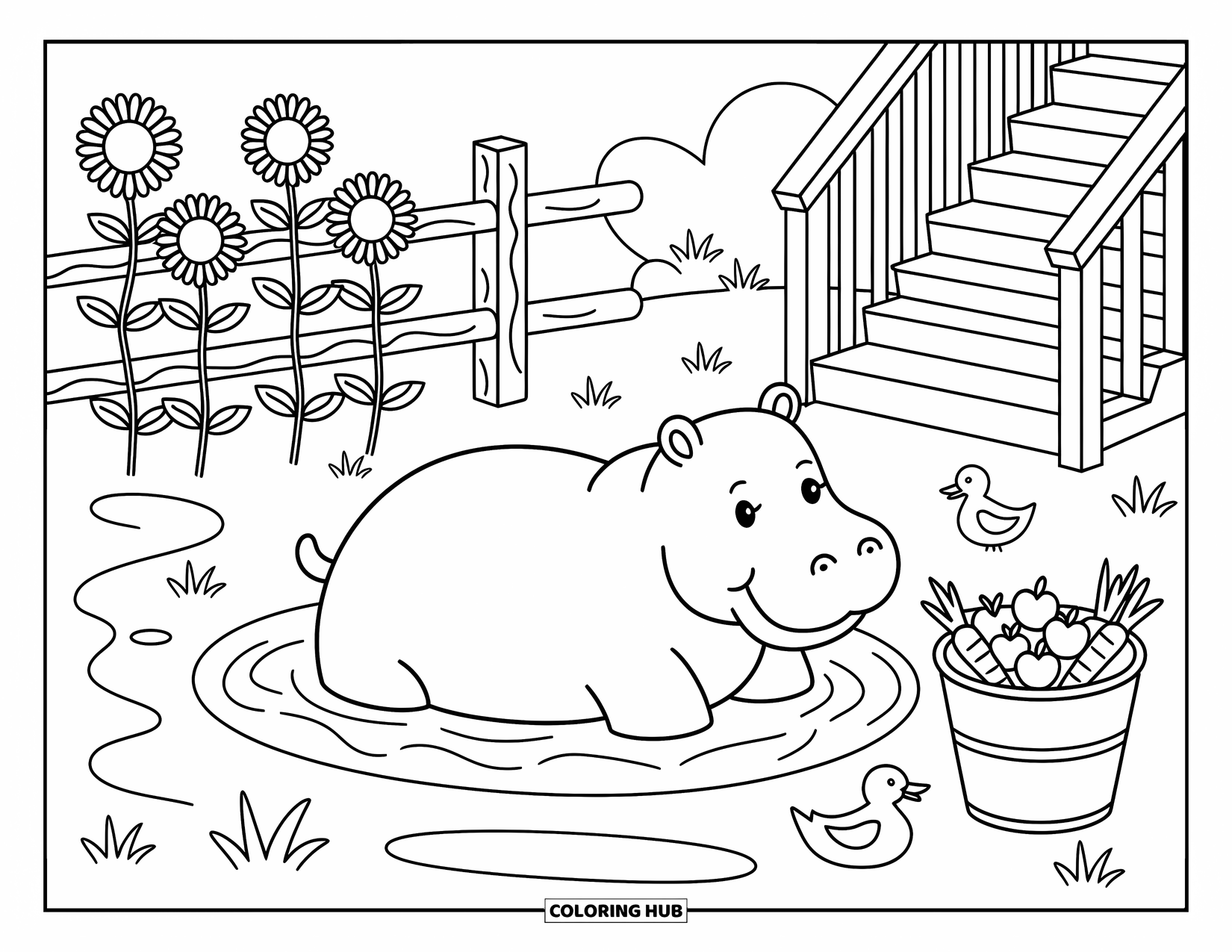 Zoo Animals Coloring Page for Adults: A gentle hippo soaks in mud while a duck swims and flowers bloom around