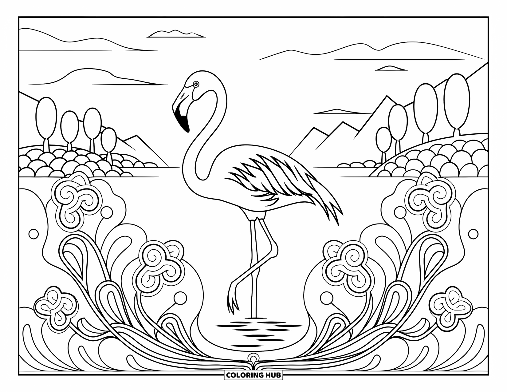 Zoo Animals Coloring Page for Adults: A graceful flamingo poses in calm waters among swirls of Art Nouveau blooms